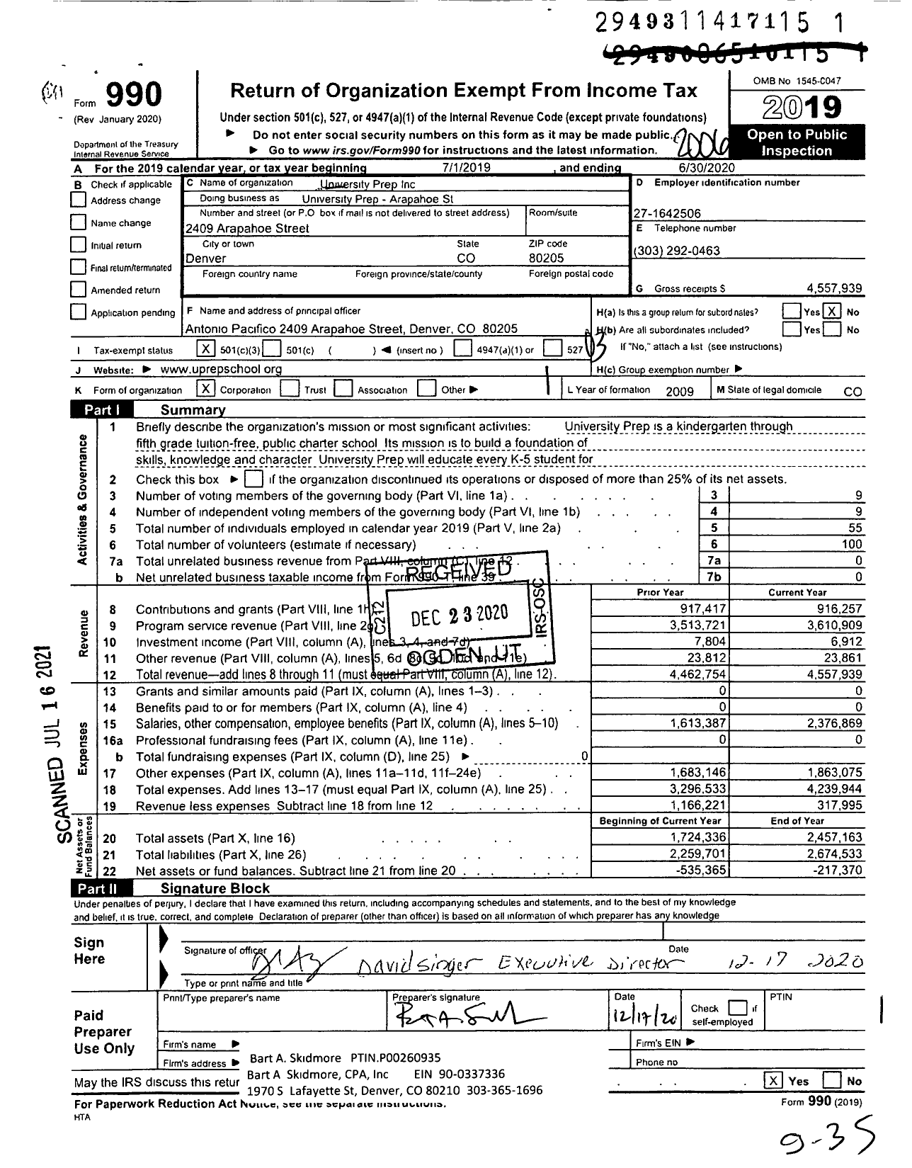 Image of first page of 2019 Form 990 for University Prep