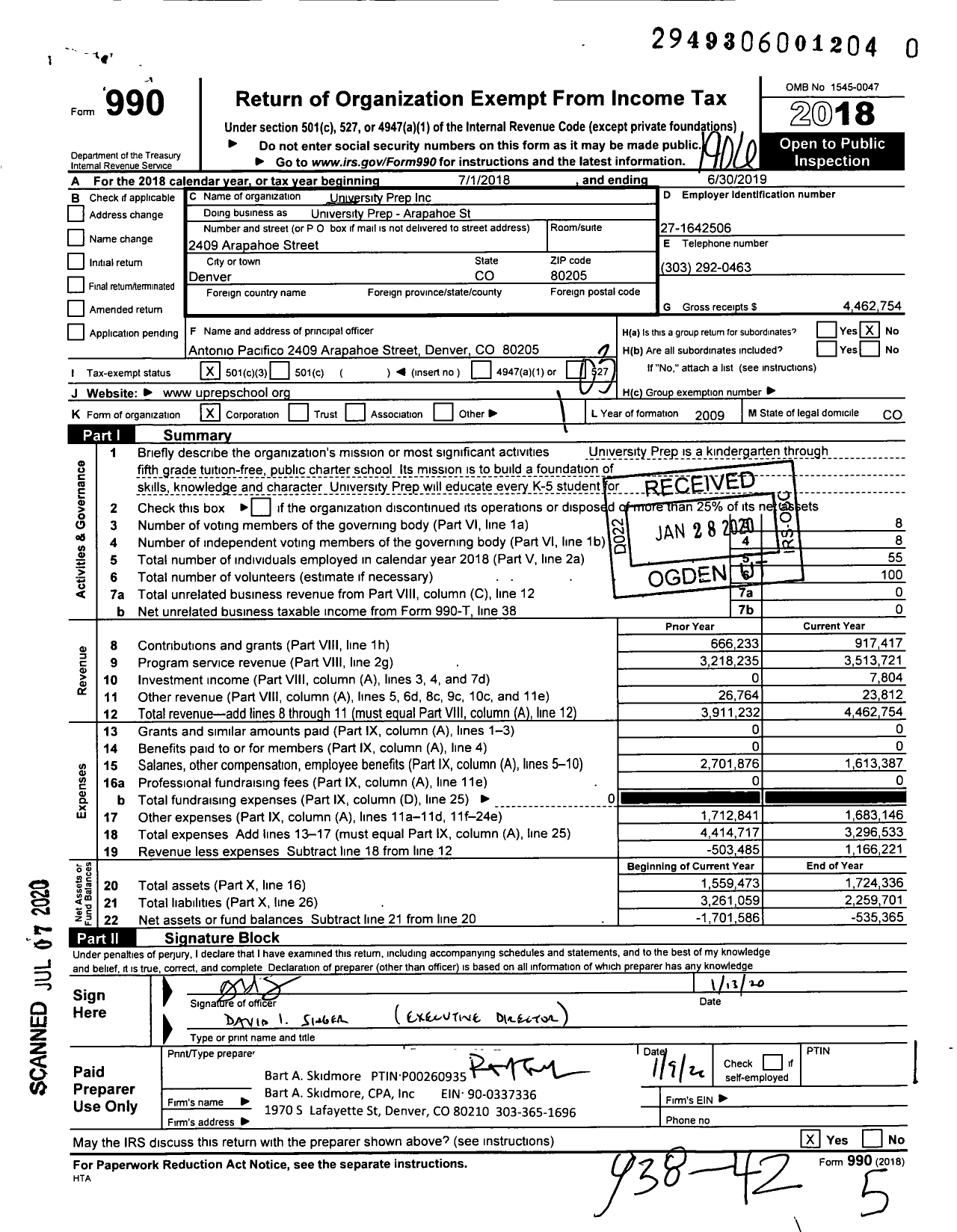 Image of first page of 2018 Form 990 for University Prep