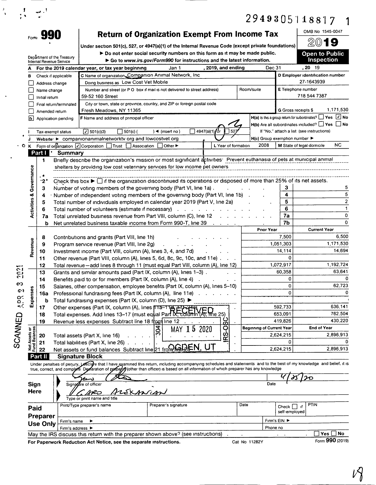 Image of first page of 2019 Form 990 for Low Cost Vet Mobile