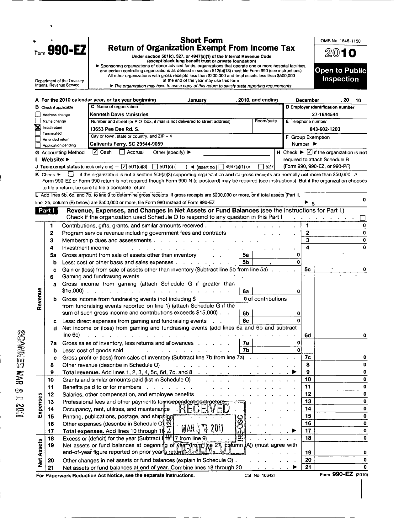 Image of first page of 2010 Form 990EZ for International Congress of Churches and Ministers / Kenneth Davis Ministries