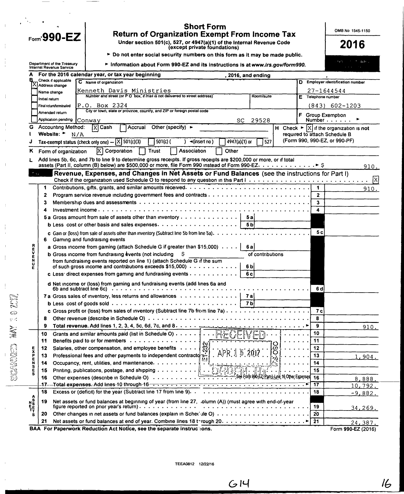 Image of first page of 2016 Form 990EZ for International Congress of Churches and Ministers / Kenneth Davis Ministries