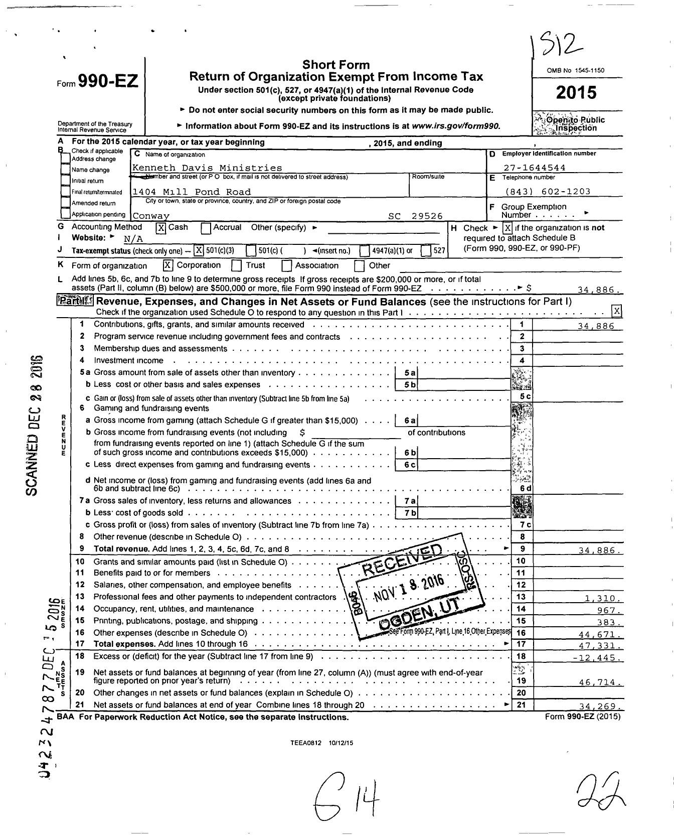 Image of first page of 2015 Form 990EZ for International Congress of Churches and Ministers / Kenneth Davis Ministries