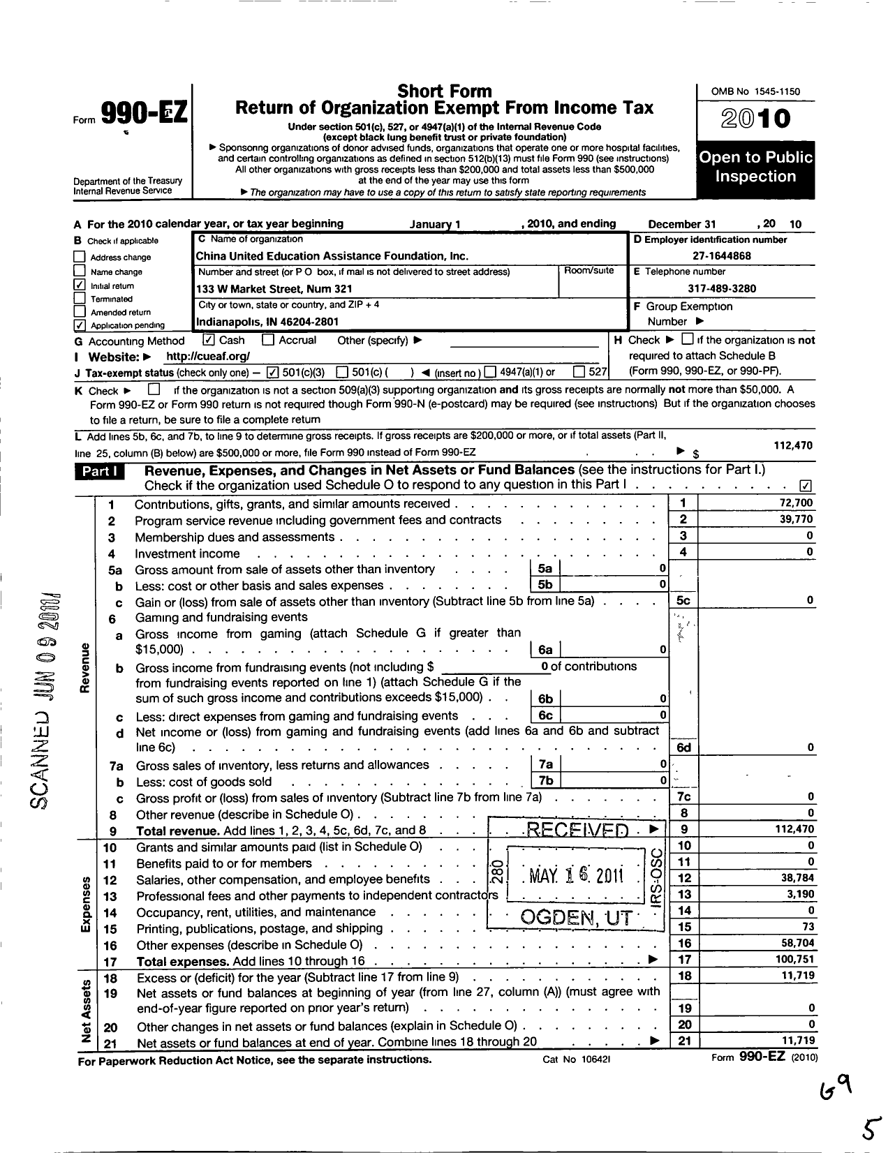 Image of first page of 2010 Form 990EZ for China United Education Assistance Foundation