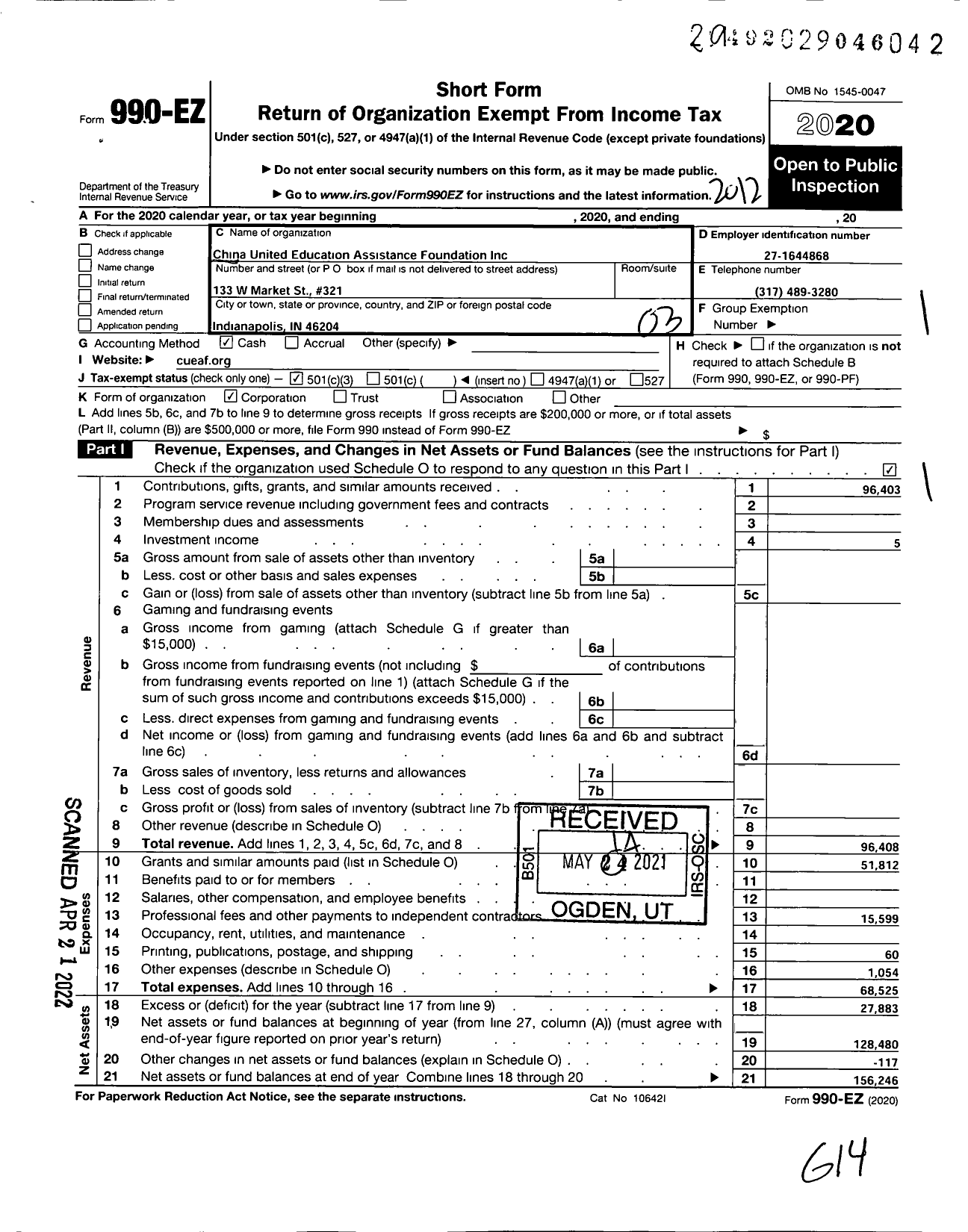 Image of first page of 2020 Form 990EZ for China United Education Assistance Foundation