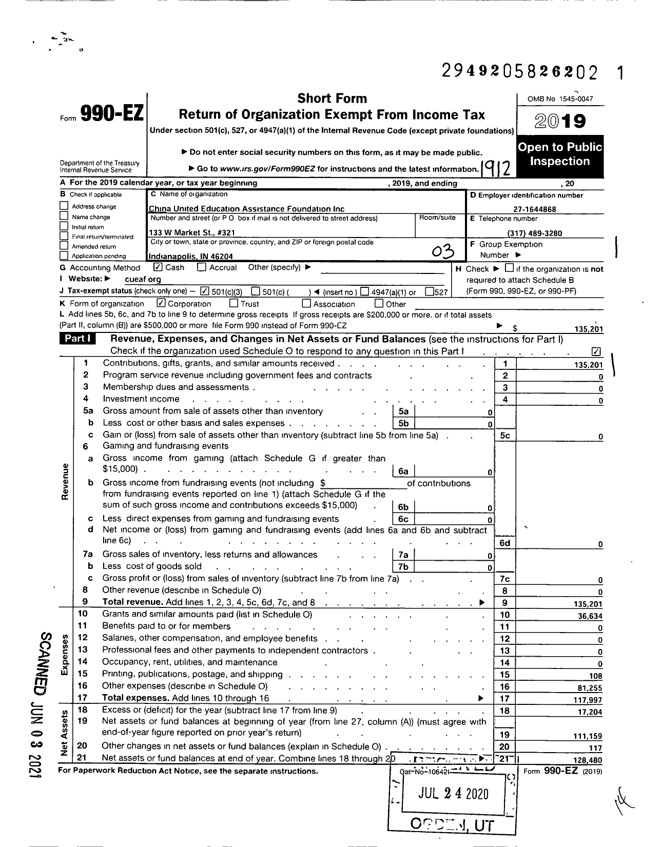 Image of first page of 2019 Form 990EZ for China United Education Assistance Foundation