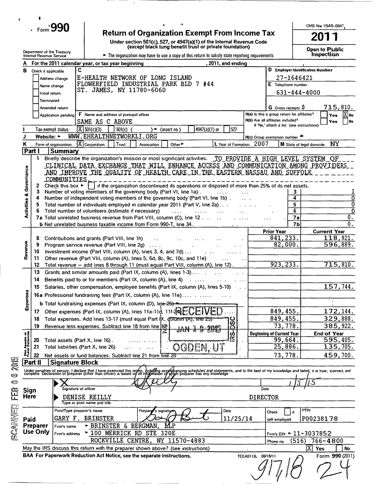 Image of first page of 2011 Form 990 for E-Health Network of Long Island