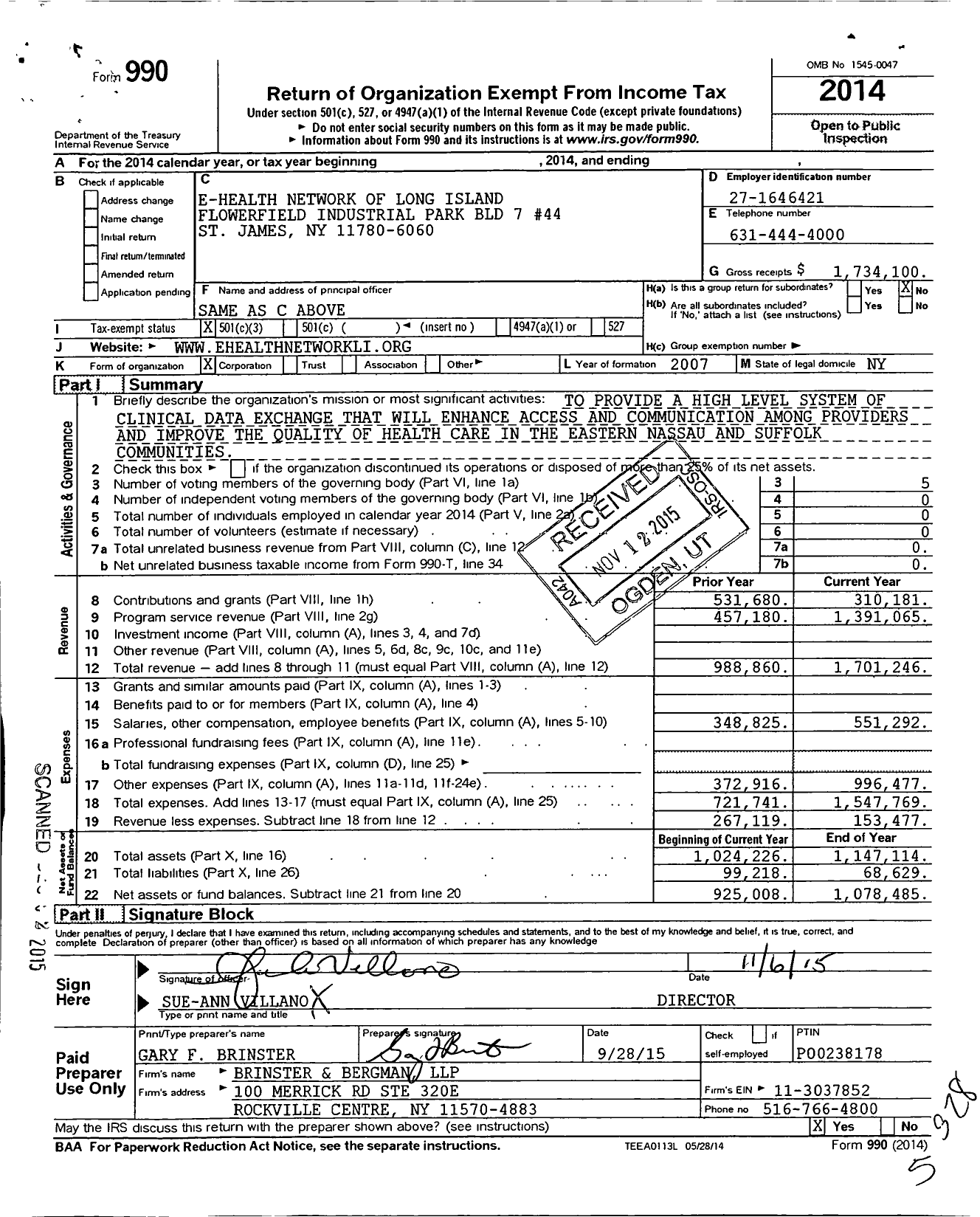 Image of first page of 2014 Form 990 for E-Health Network of Long Island
