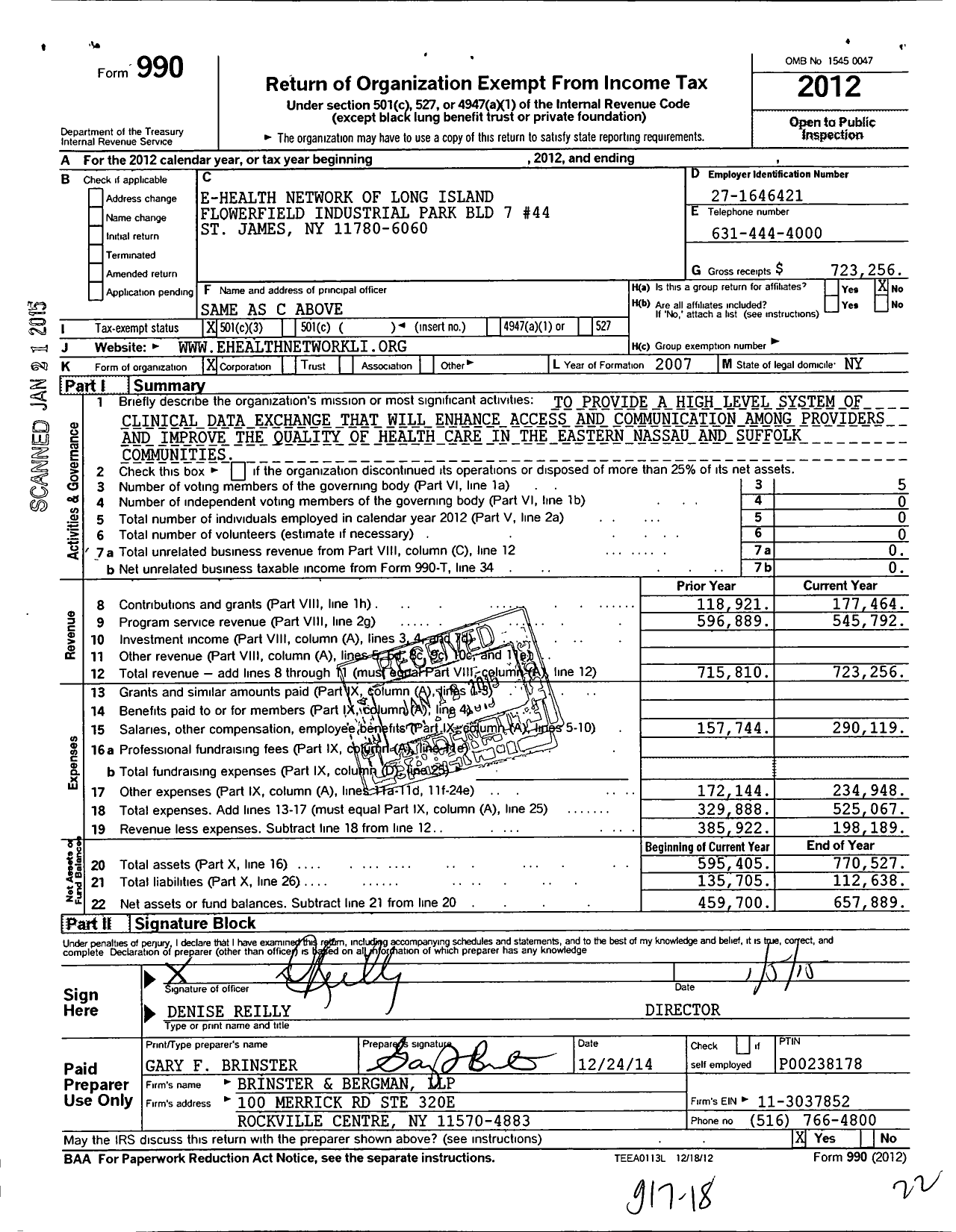Image of first page of 2012 Form 990 for E-Health Network of Long Island