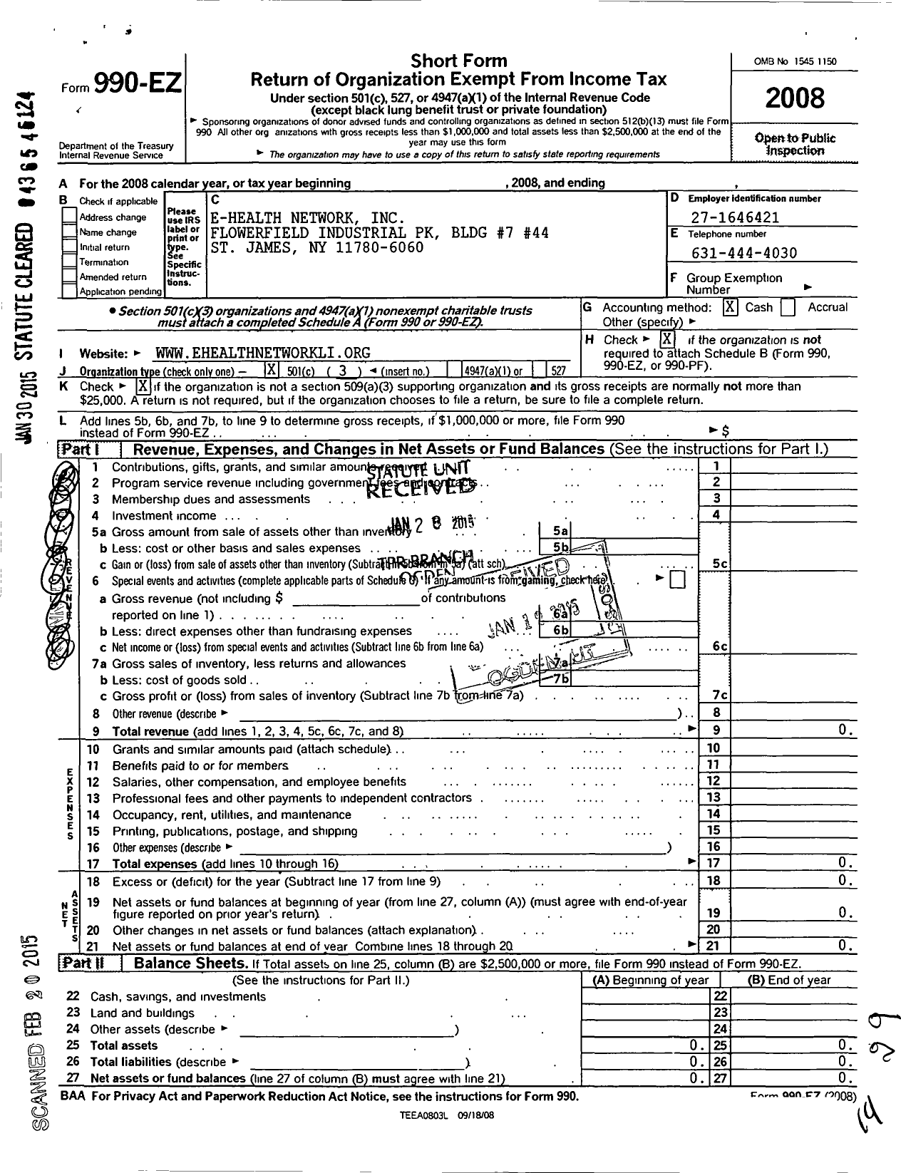 Image of first page of 2008 Form 990EZ for E-Health Network of Long Island