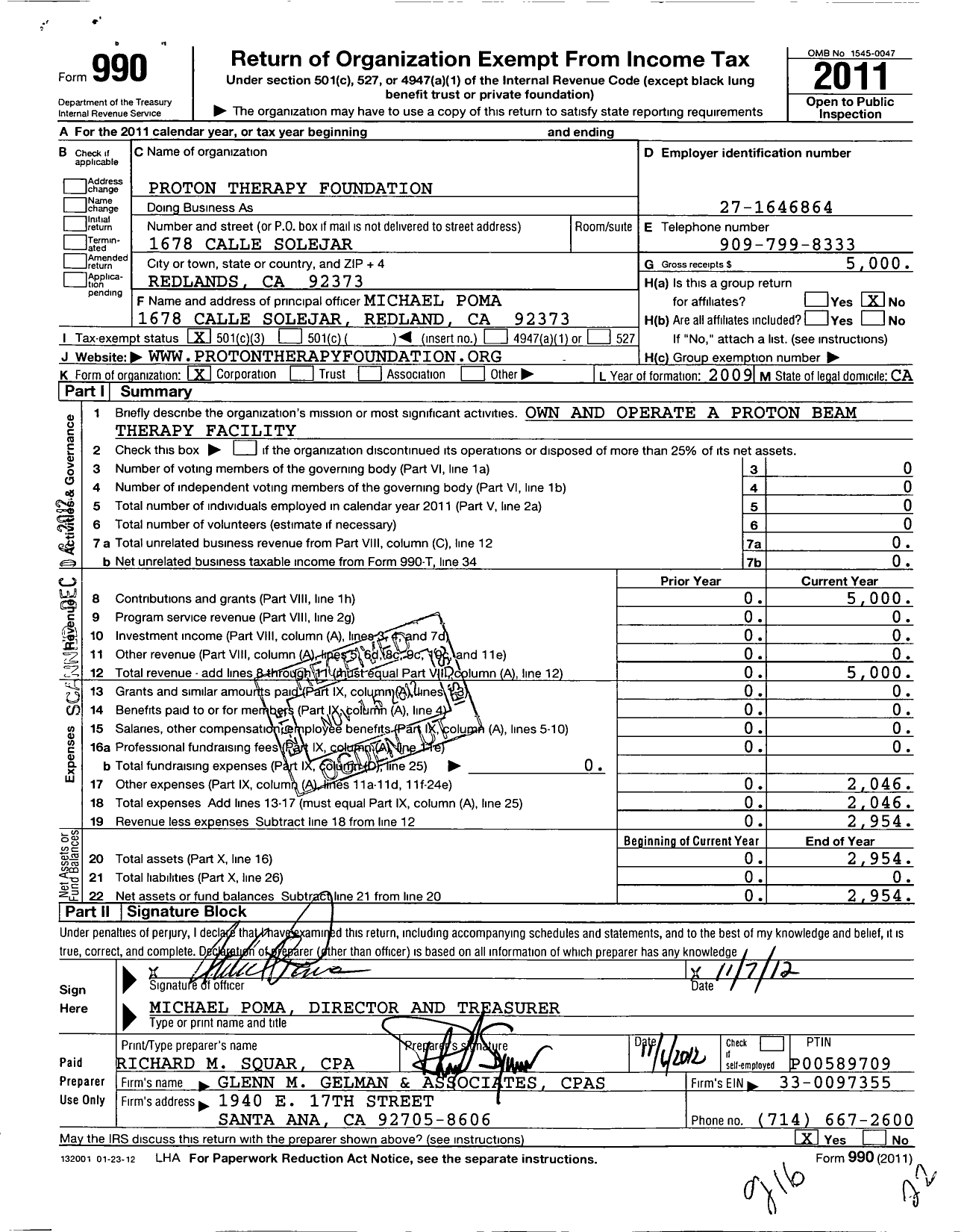 Image of first page of 2011 Form 990 for Proton Therapy Foundation