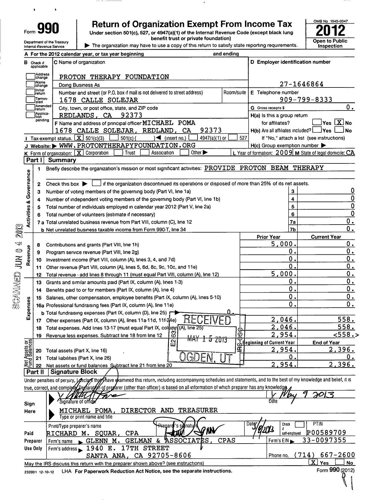 Image of first page of 2012 Form 990 for Proton Therapy Foundation