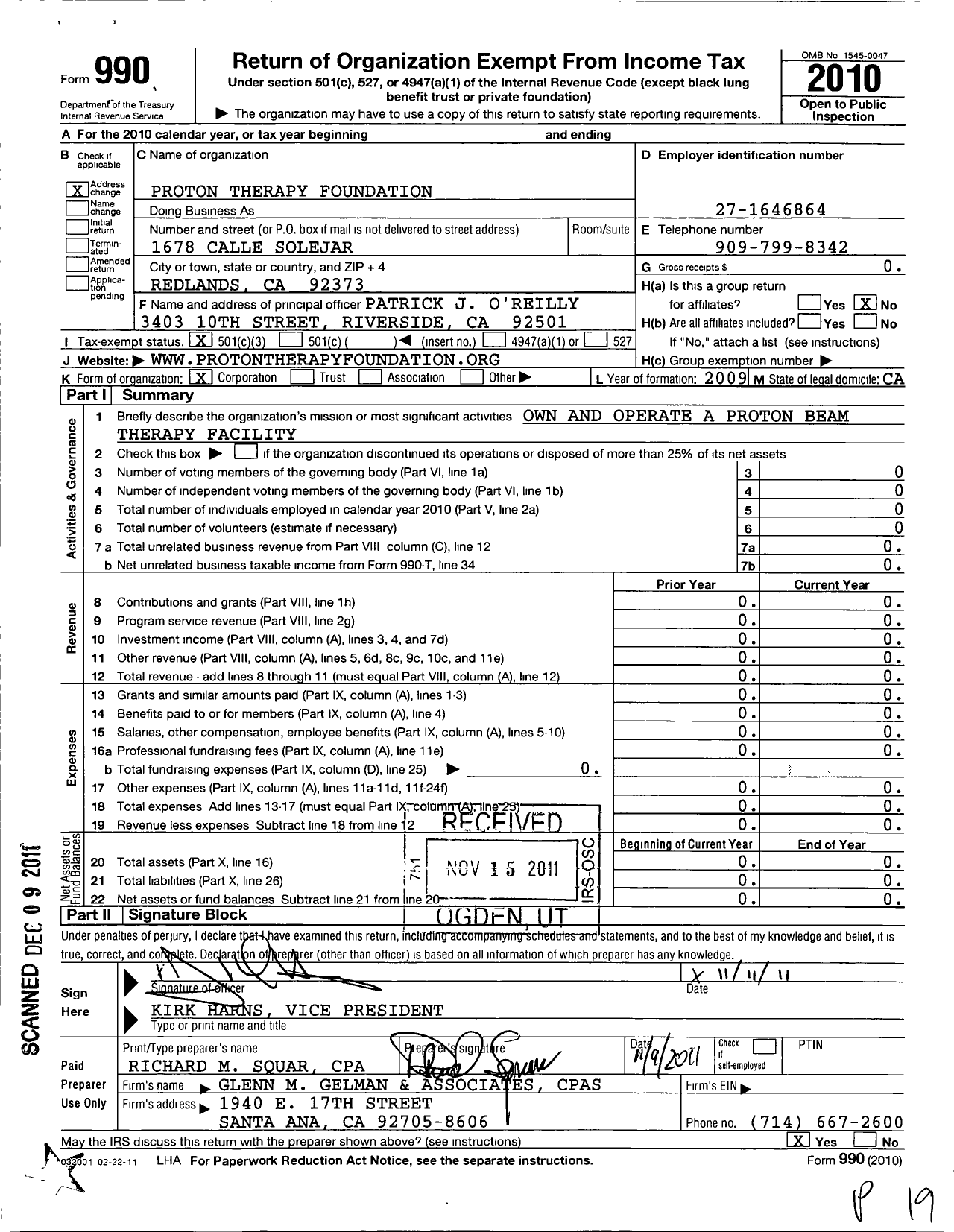 Image of first page of 2010 Form 990 for Proton Therapy Foundation