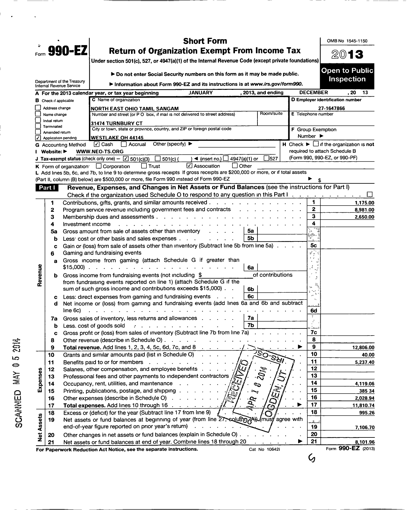 Image of first page of 2013 Form 990EZ for North East Ohio Tamil Sangam (NEOTS)