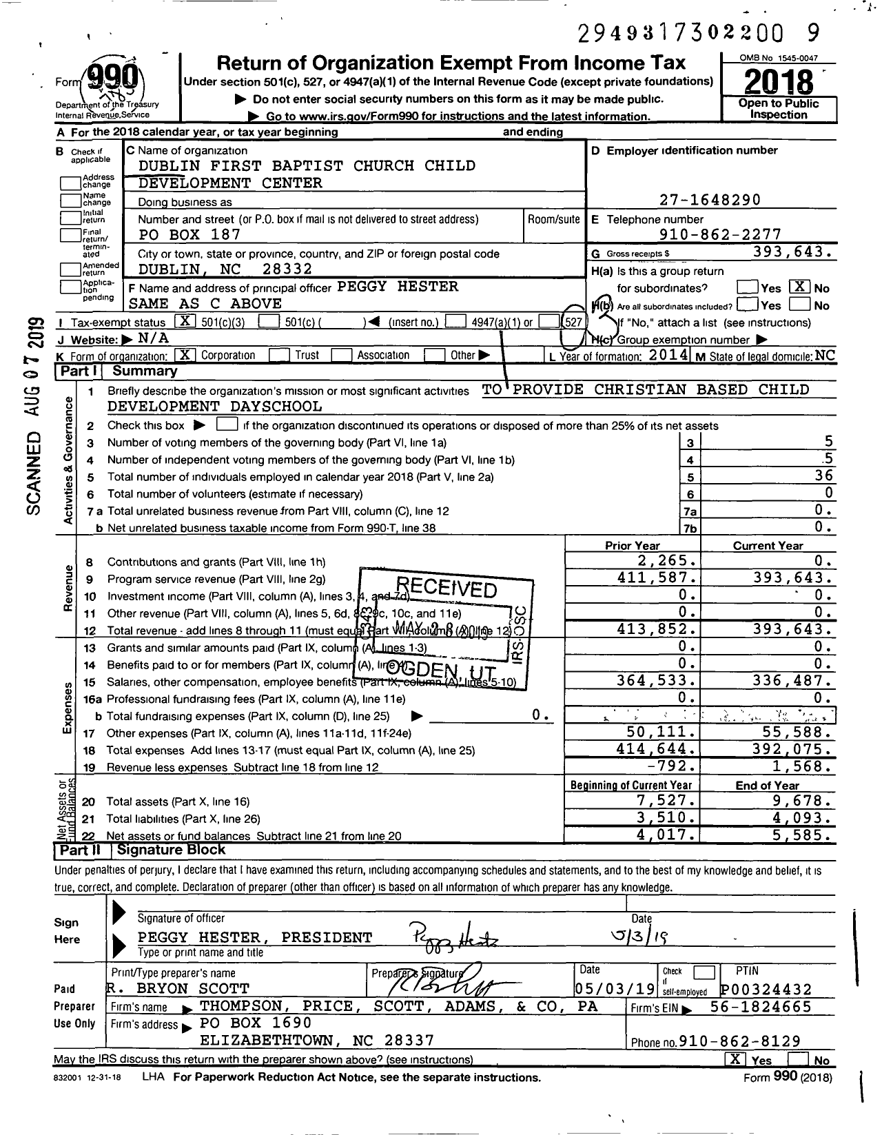 Image of first page of 2018 Form 990 for Dublin First Baptist Church Child Development Center