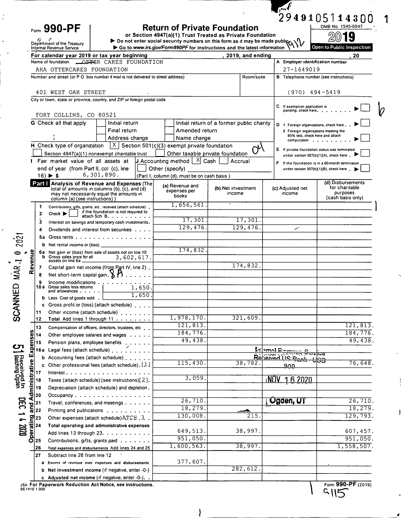 Image of first page of 2019 Form 990PF for OTTERCARES foundation
