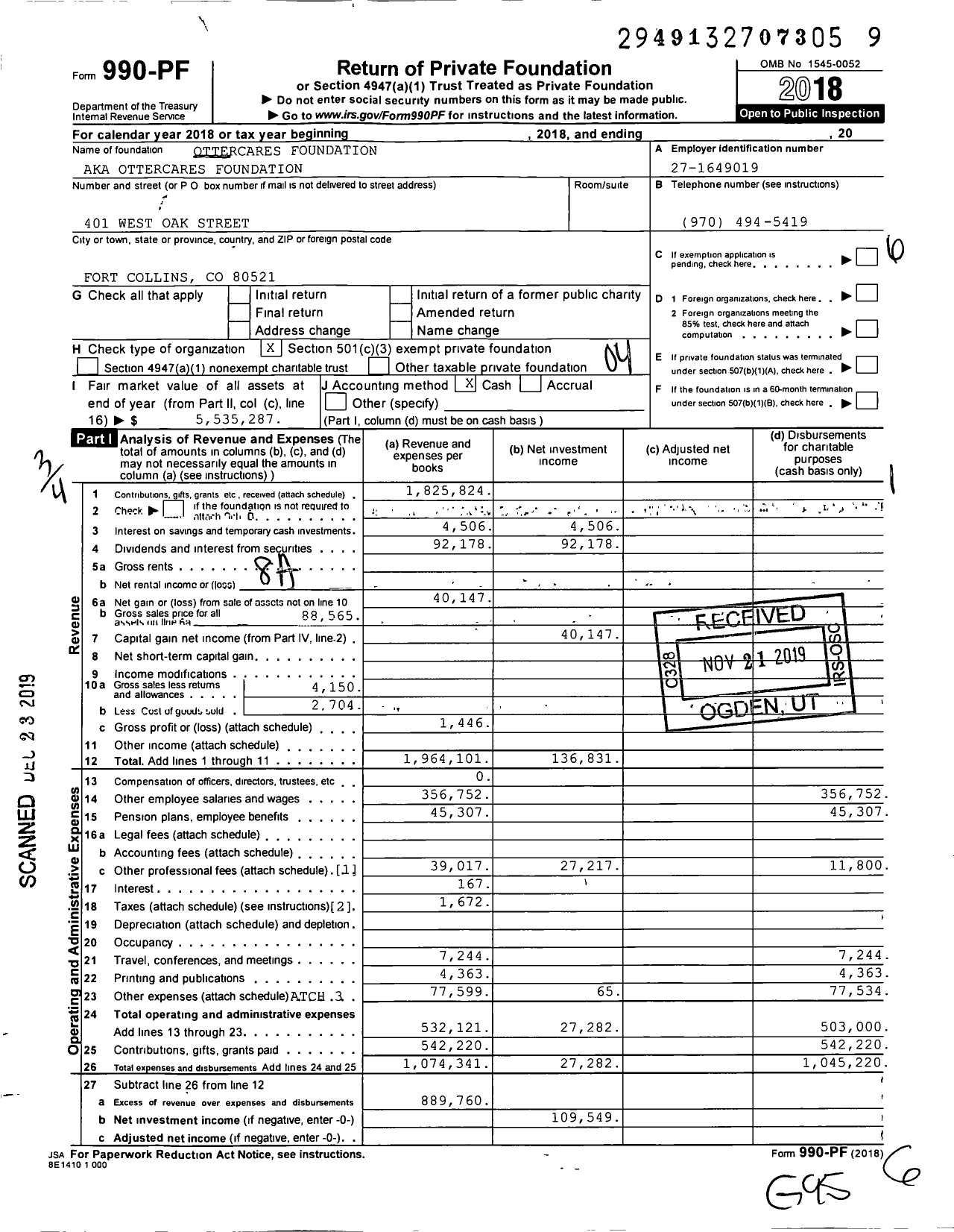 Image of first page of 2018 Form 990PF for OTTERCARES foundation