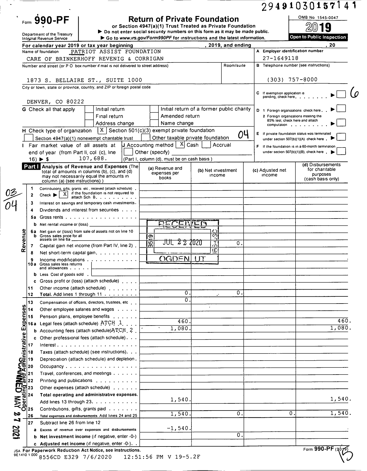 Image of first page of 2019 Form 990PF for Patriot Assist Foundation Care of Brinkerhoff Revenig