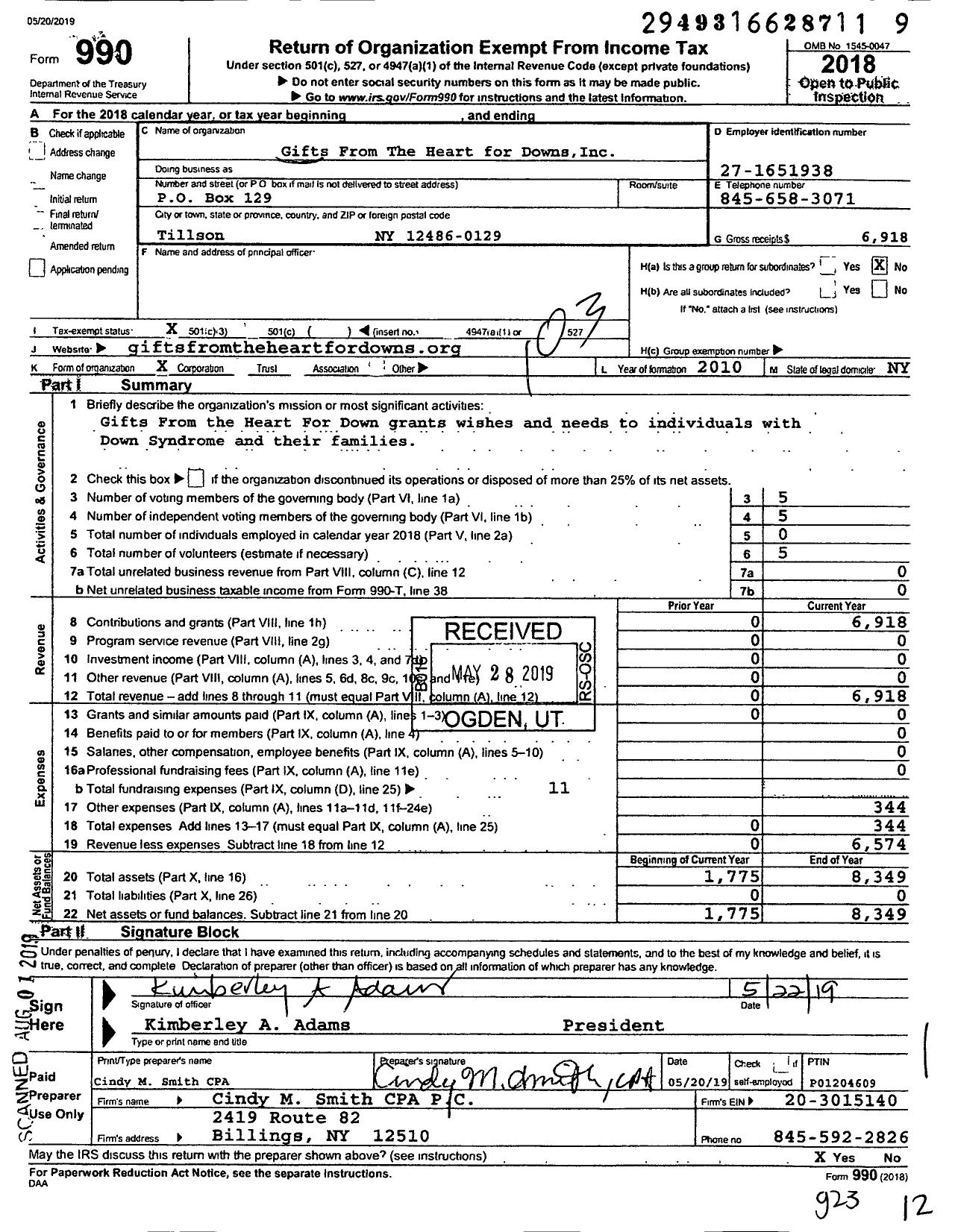 Image of first page of 2018 Form 990 for Gifts From the Heart for Downs