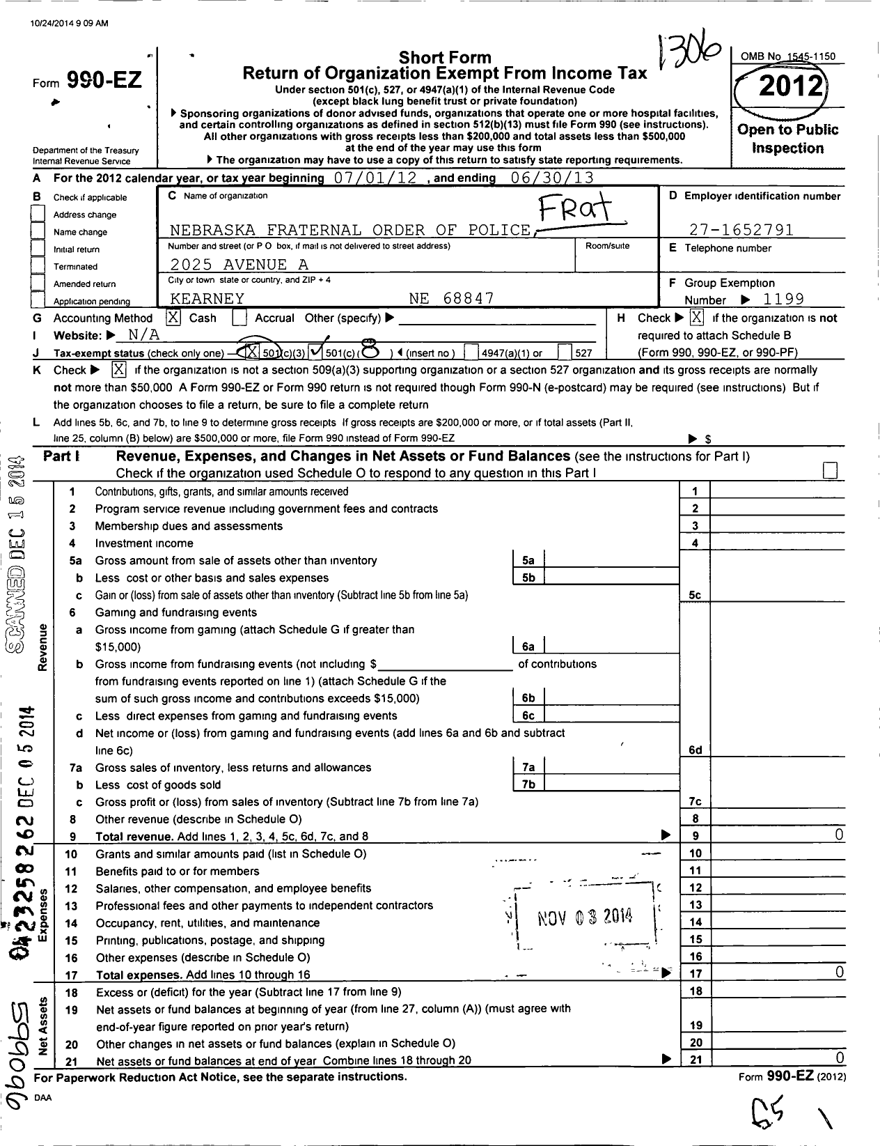 Image of first page of 2012 Form 990EO for Fraternal Order of Police - 63 Kearney PD Lodge