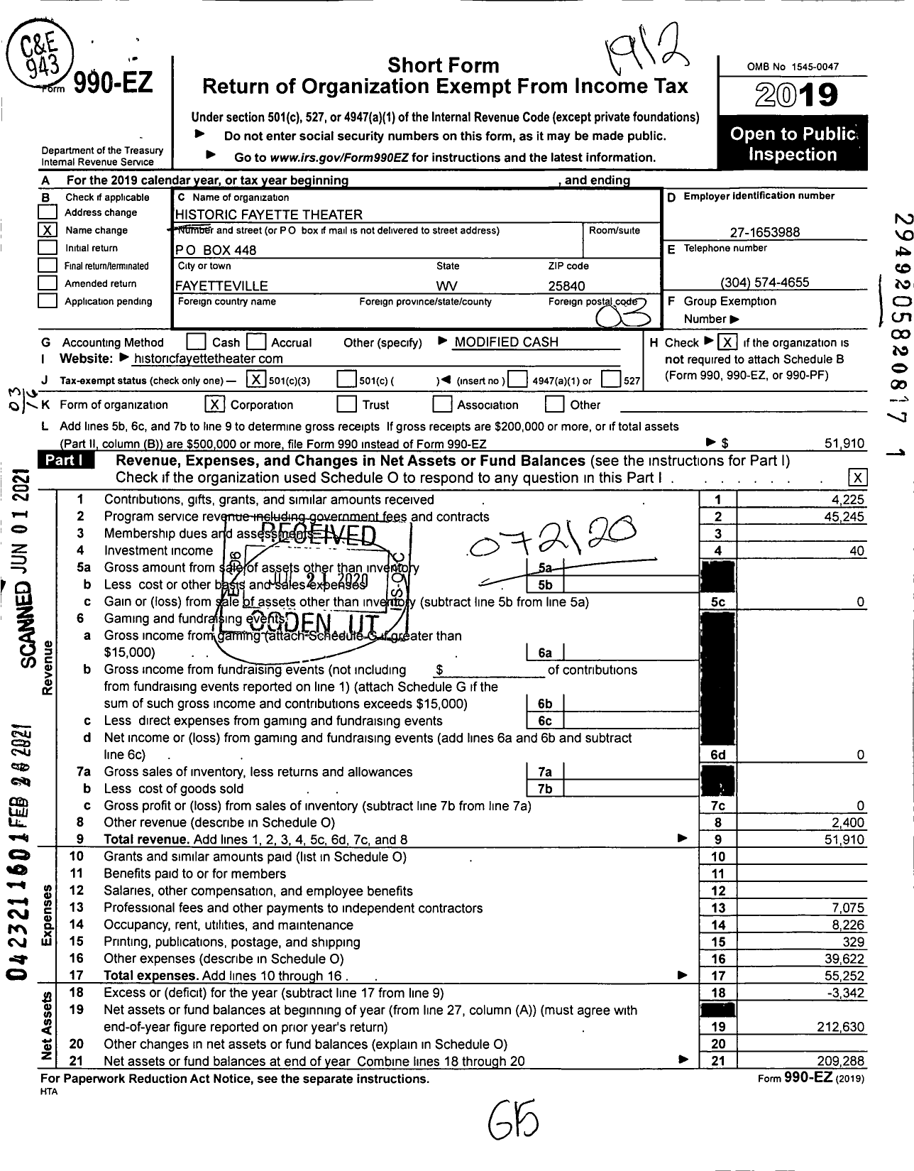 Image of first page of 2019 Form 990EZ for Historic Fayette Theater