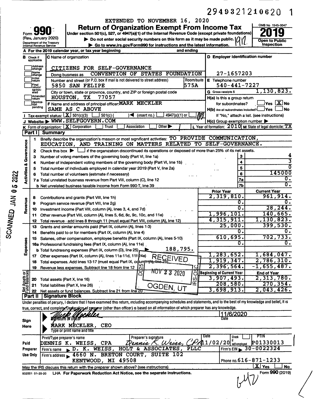 Image of first page of 2019 Form 990 for Convention of States Foundation (CSG)