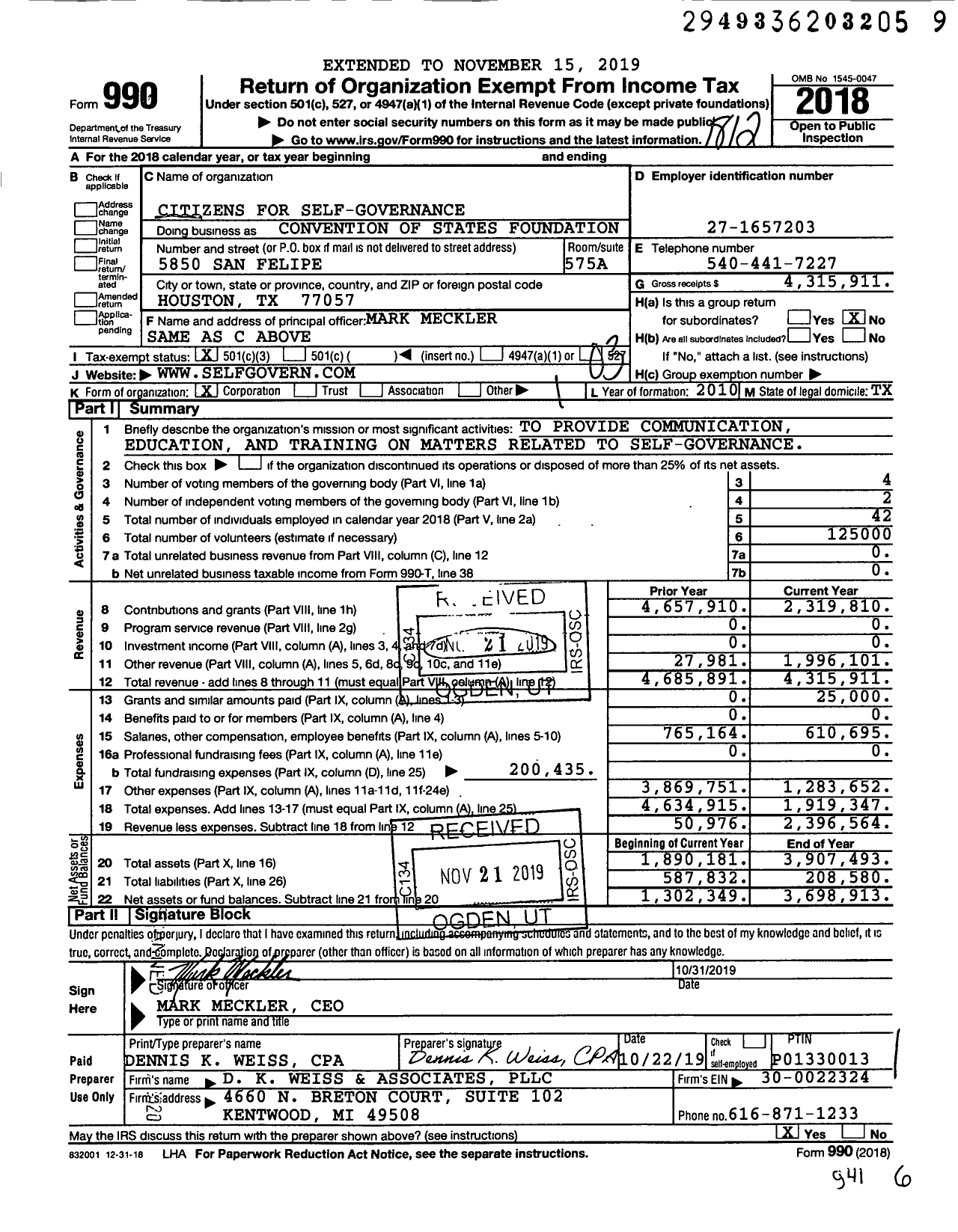 Image of first page of 2018 Form 990 for Convention of States Foundation (CSG)