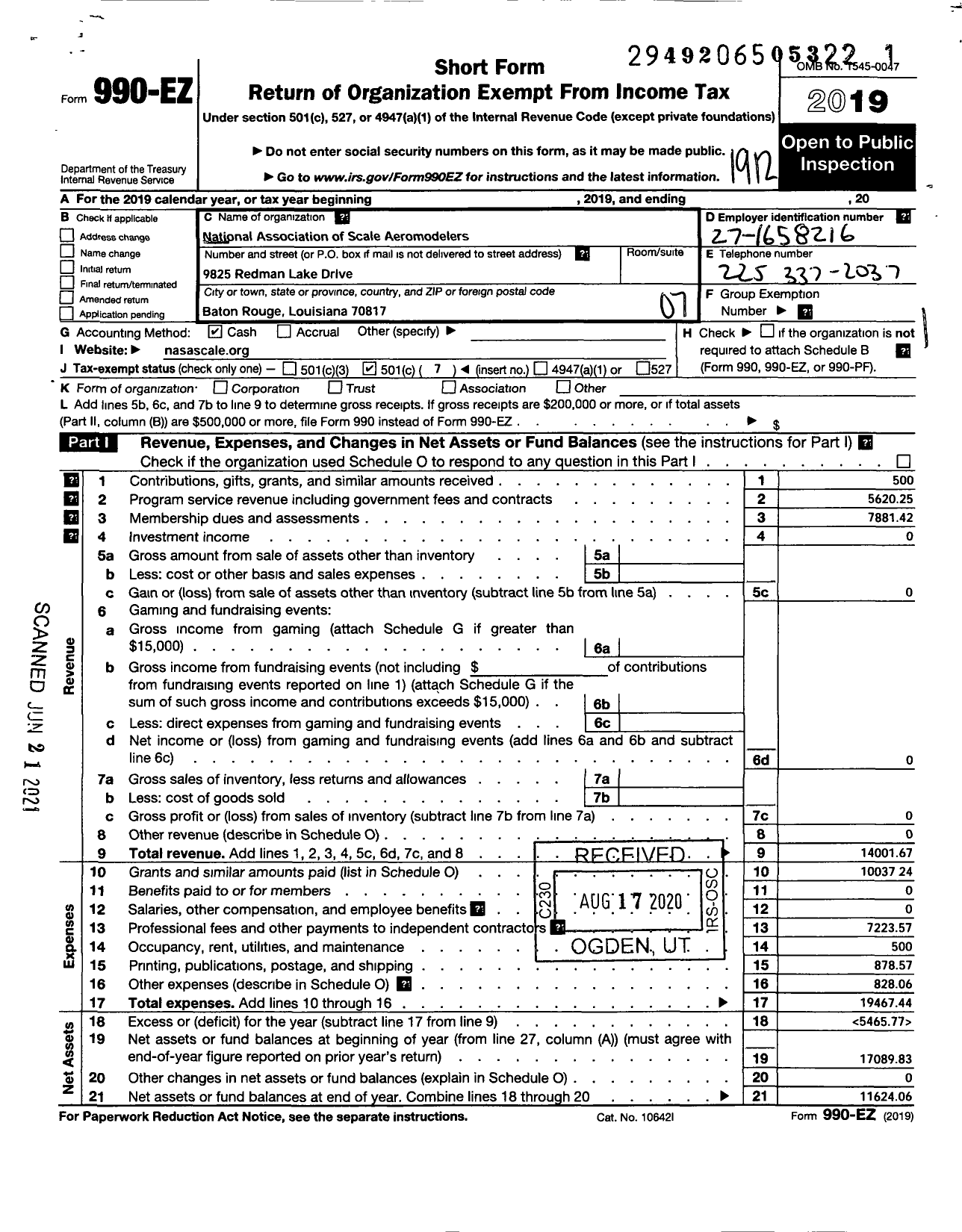 Image of first page of 2019 Form 990EO for National Association of Scale Aeromodelers