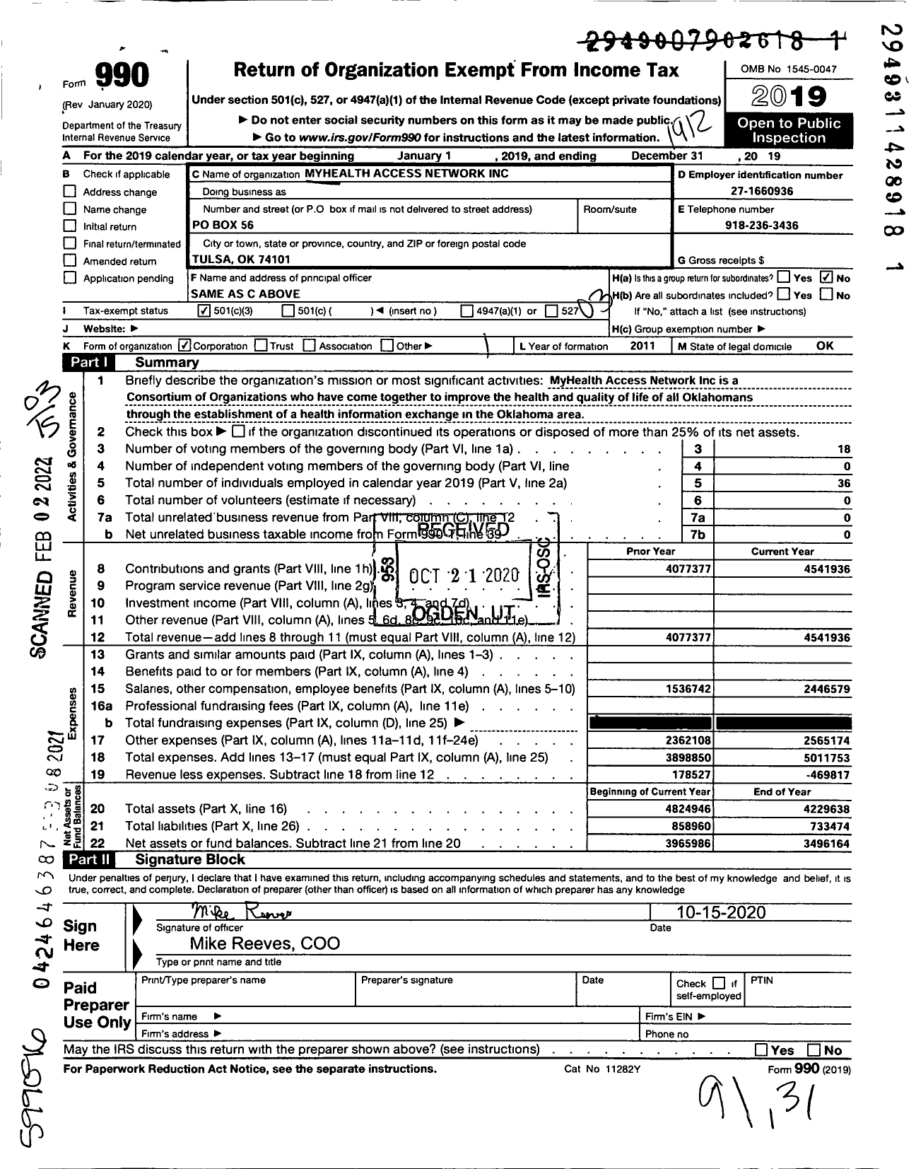 Image of first page of 2019 Form 990 for Myhealth Access Network