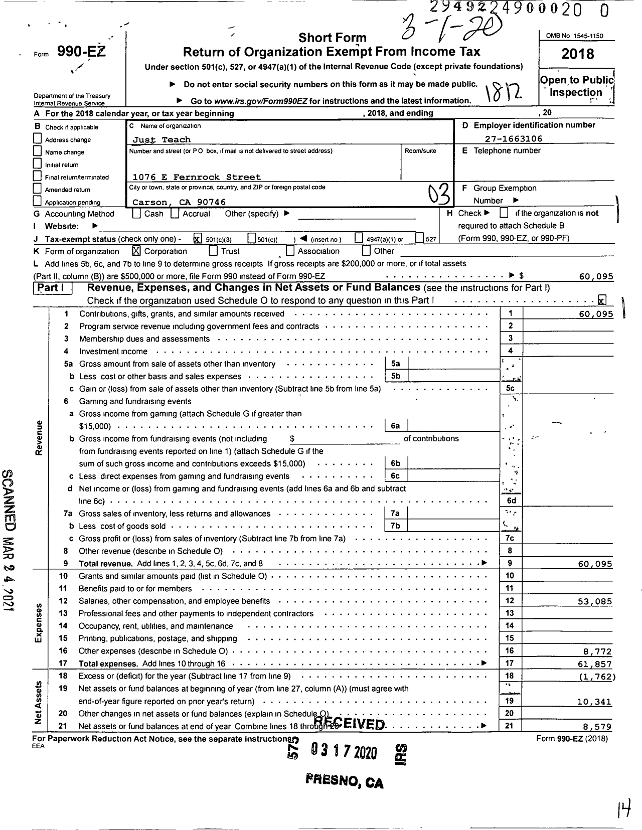 Image of first page of 2018 Form 990EZ for Just Teach