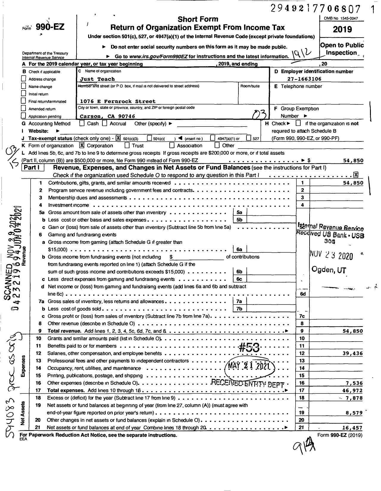 Image of first page of 2019 Form 990EZ for Just Teach