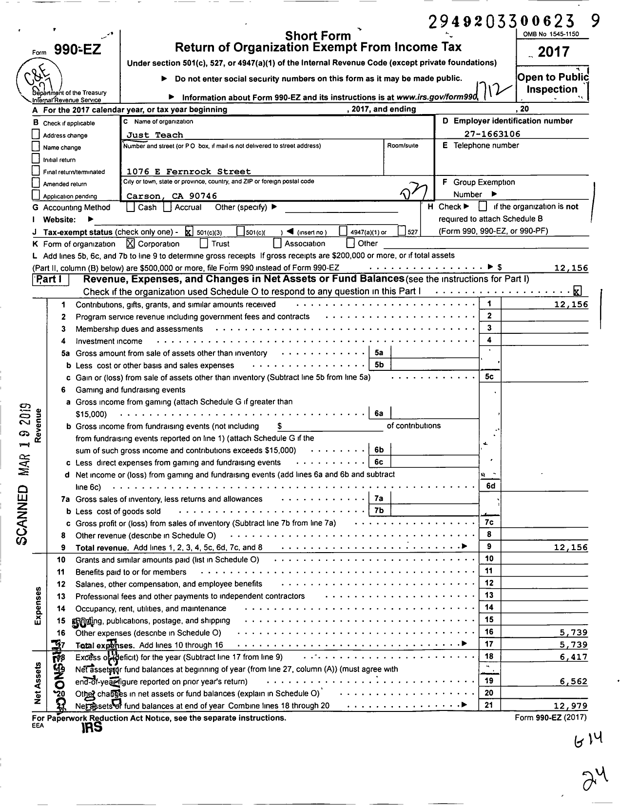 Image of first page of 2017 Form 990EZ for Just Teach