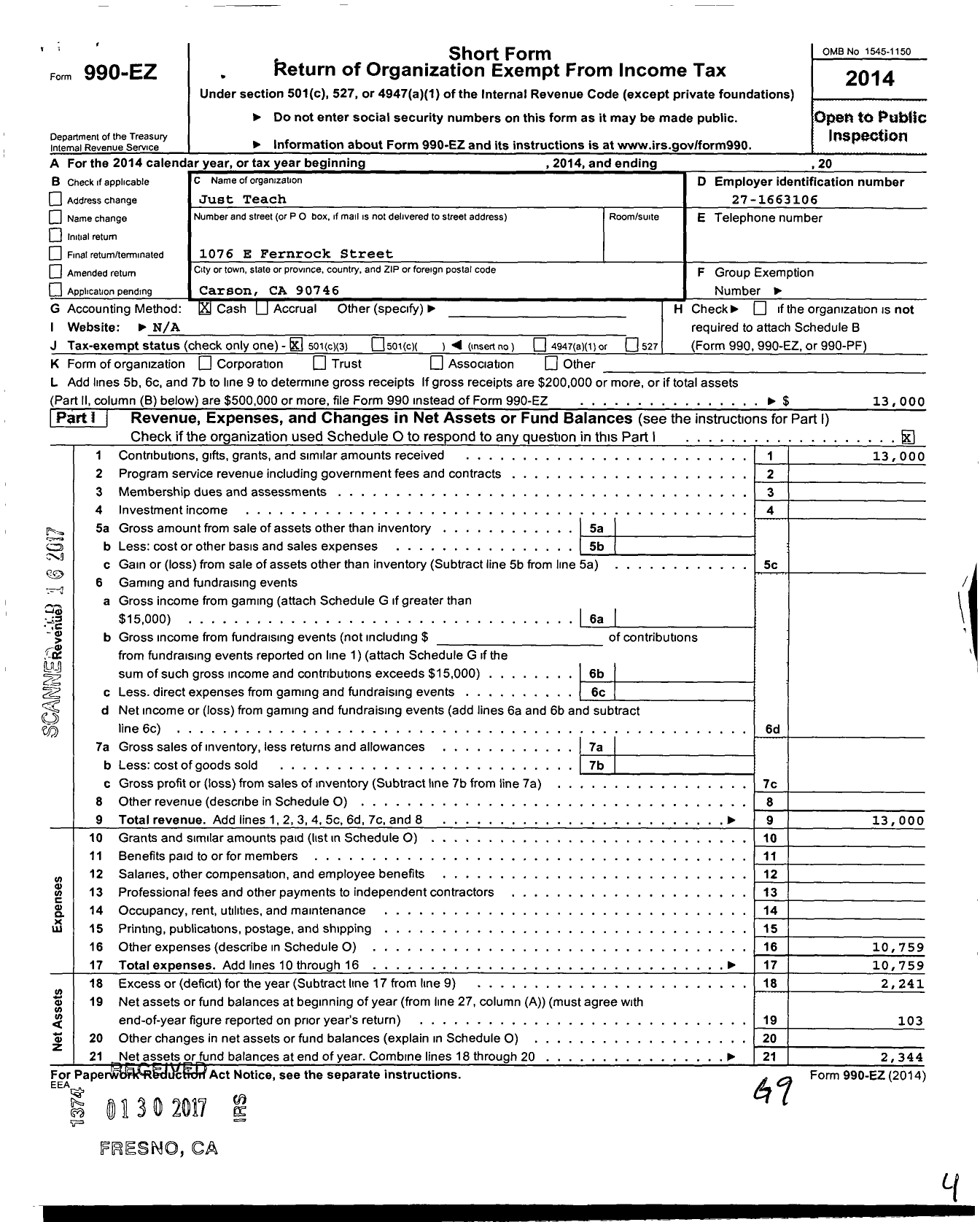 Image of first page of 2014 Form 990EZ for Just Teach