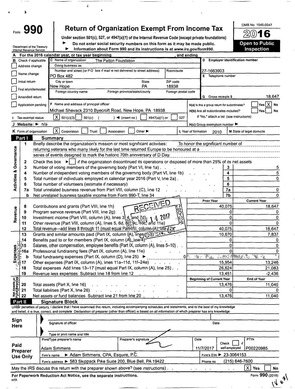 Image of first page of 2016 Form 990 for Patton Foundation