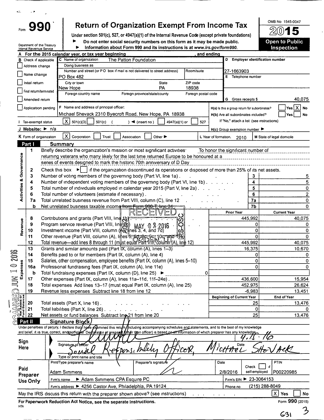 Image of first page of 2015 Form 990 for Patton Foundation