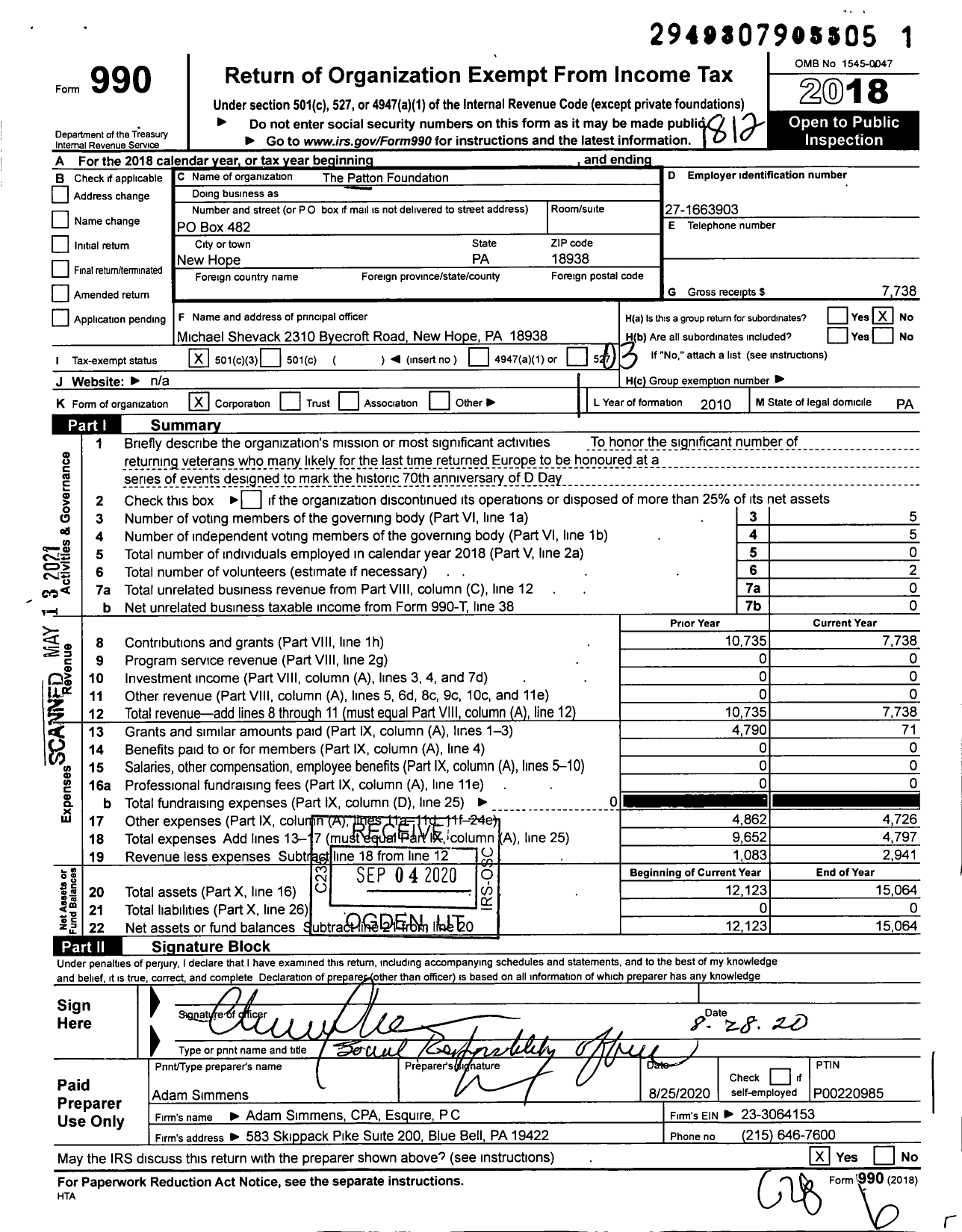 Image of first page of 2018 Form 990 for Patton Foundation