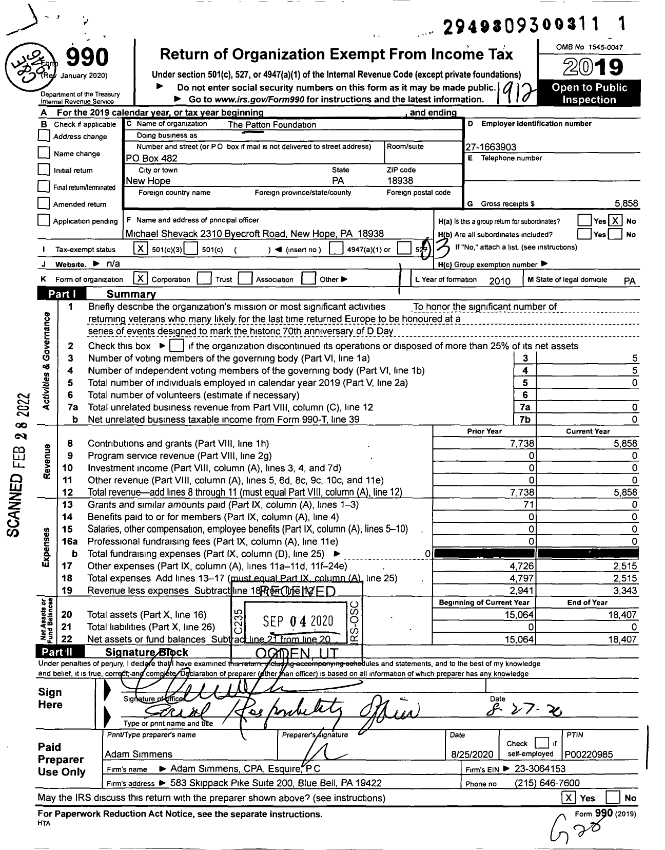 Image of first page of 2019 Form 990 for Patton Foundation