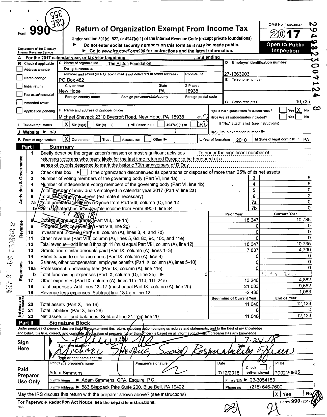 Image of first page of 2017 Form 990 for Patton Foundation