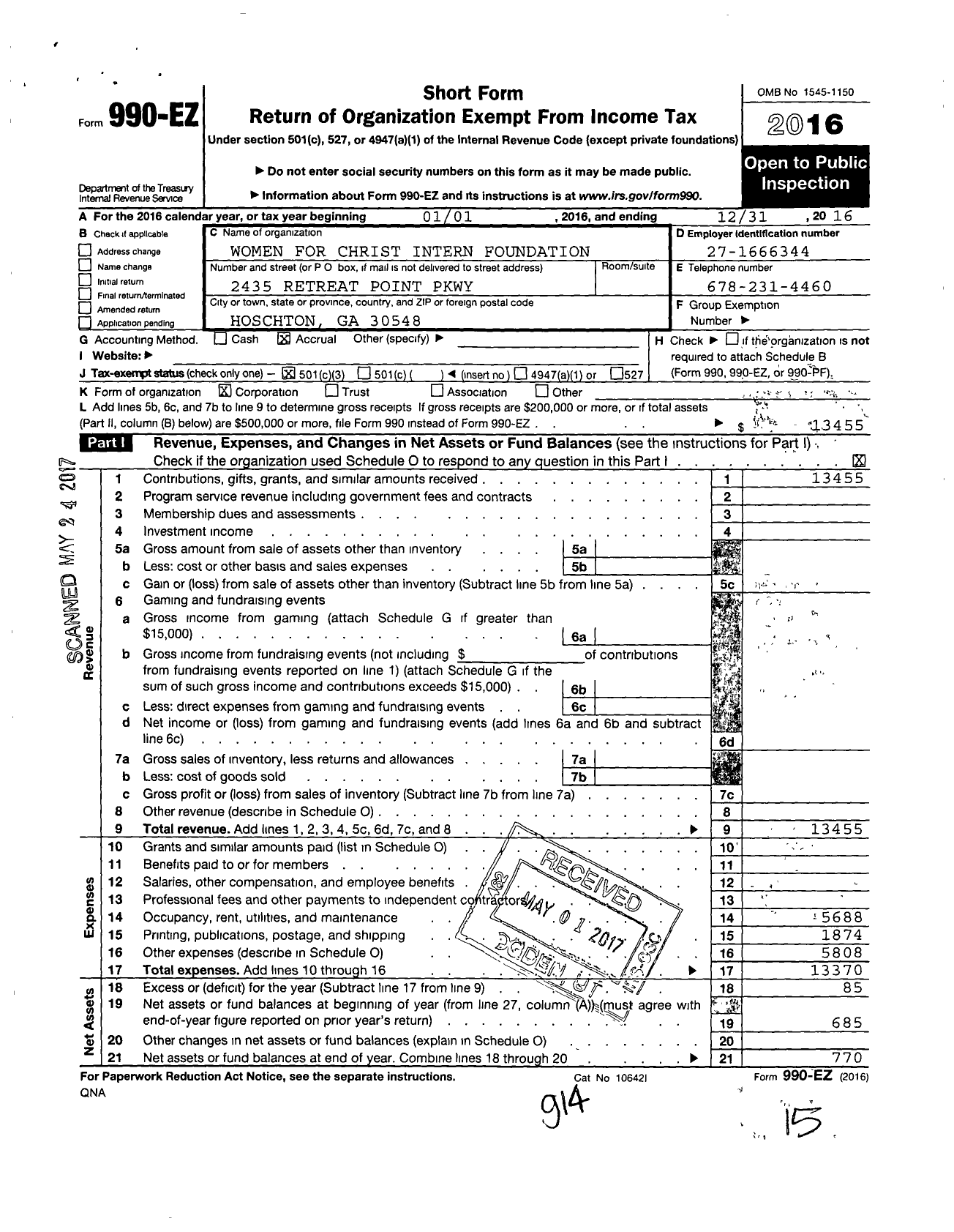 Image of first page of 2016 Form 990EZ for Women for Christ Intern Foundation