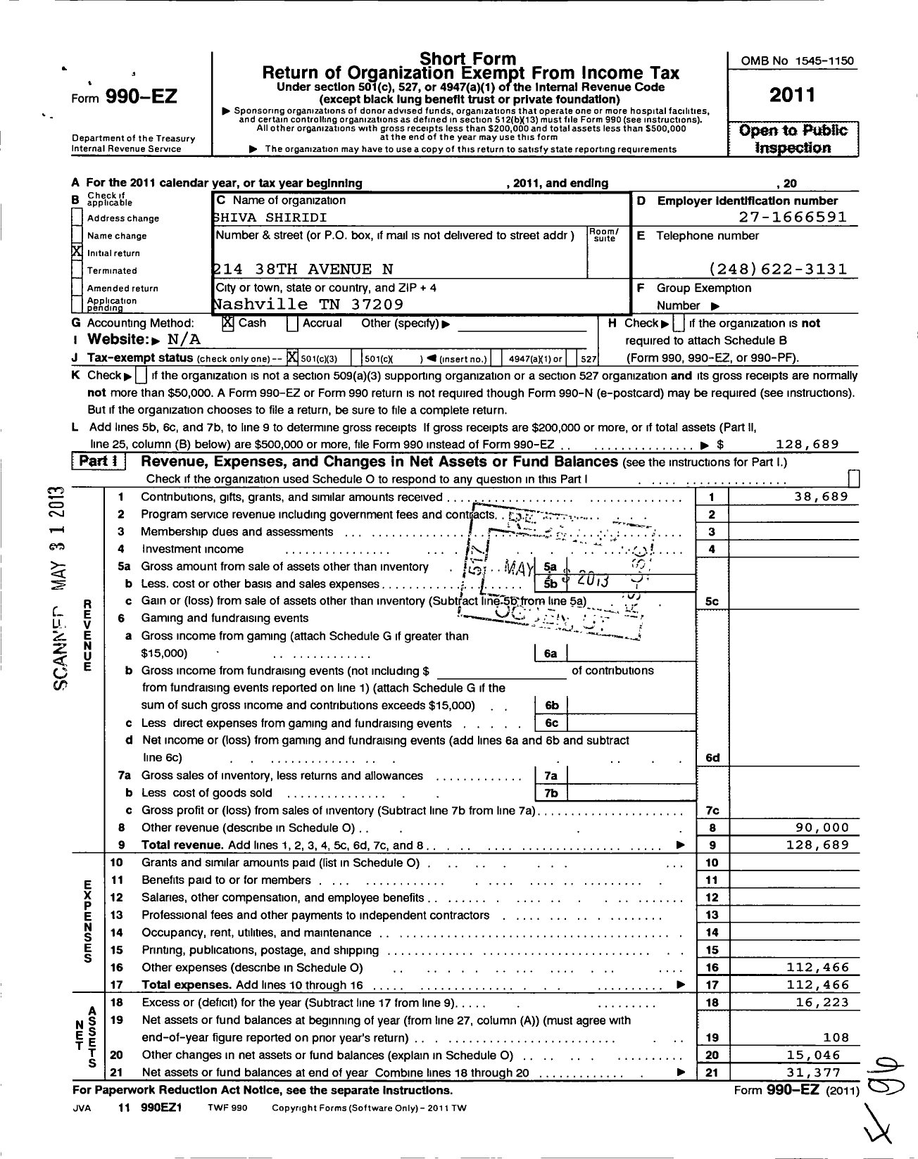 Image of first page of 2011 Form 990EZ for Shiva Shiridi