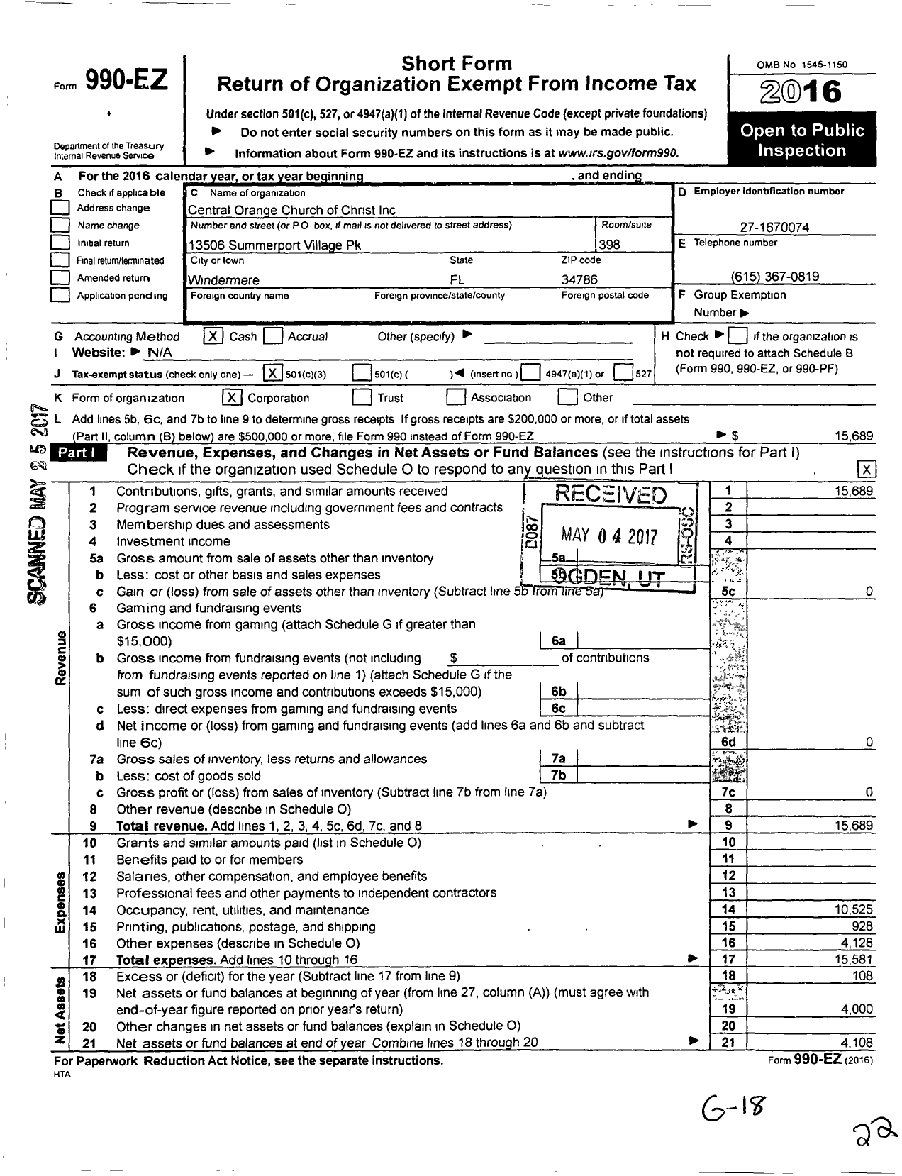 Image of first page of 2016 Form 990EZ for TR Daly Community Outreach Ministry