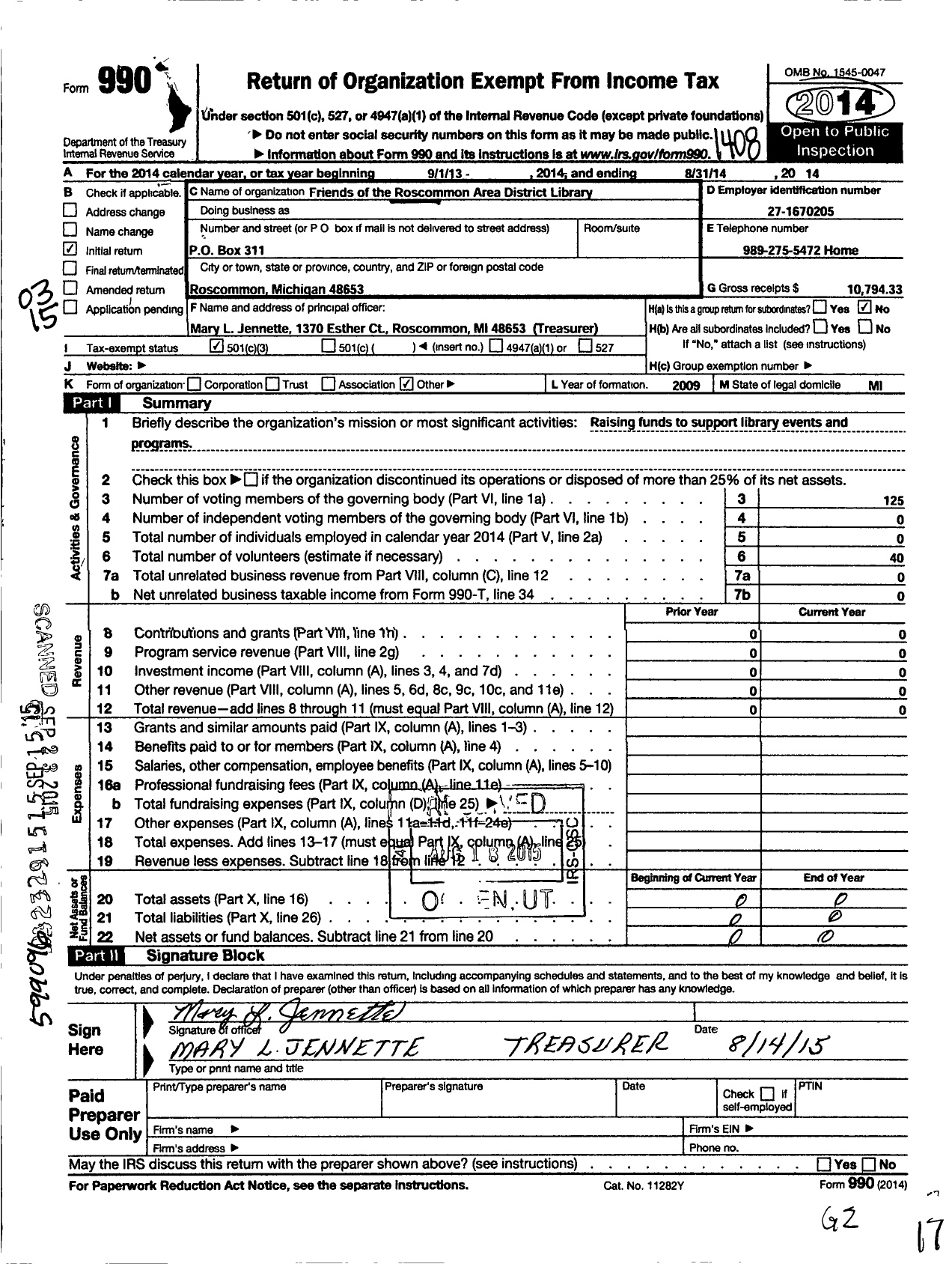 Image of first page of 2013 Form 990 for Friends of the Roscommon Area District Library