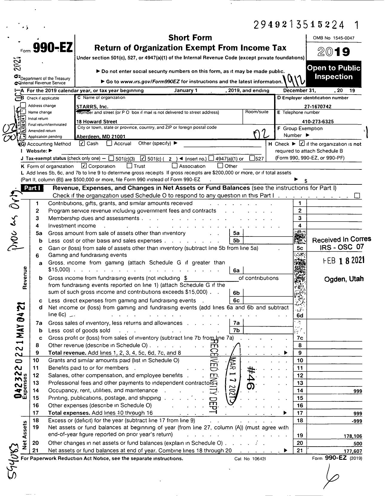 Image of first page of 2019 Form 990EO for Starrs