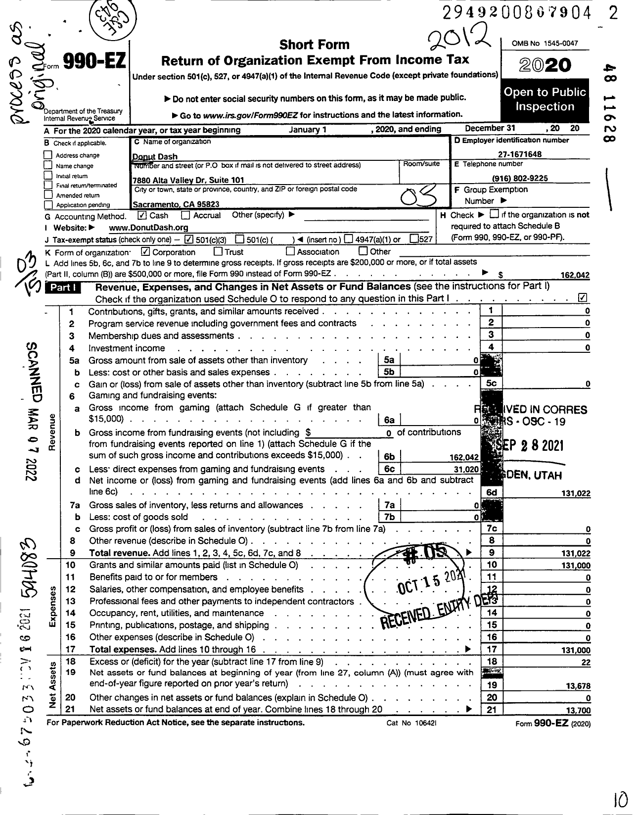 Image of first page of 2020 Form 990EZ for Donut Dash