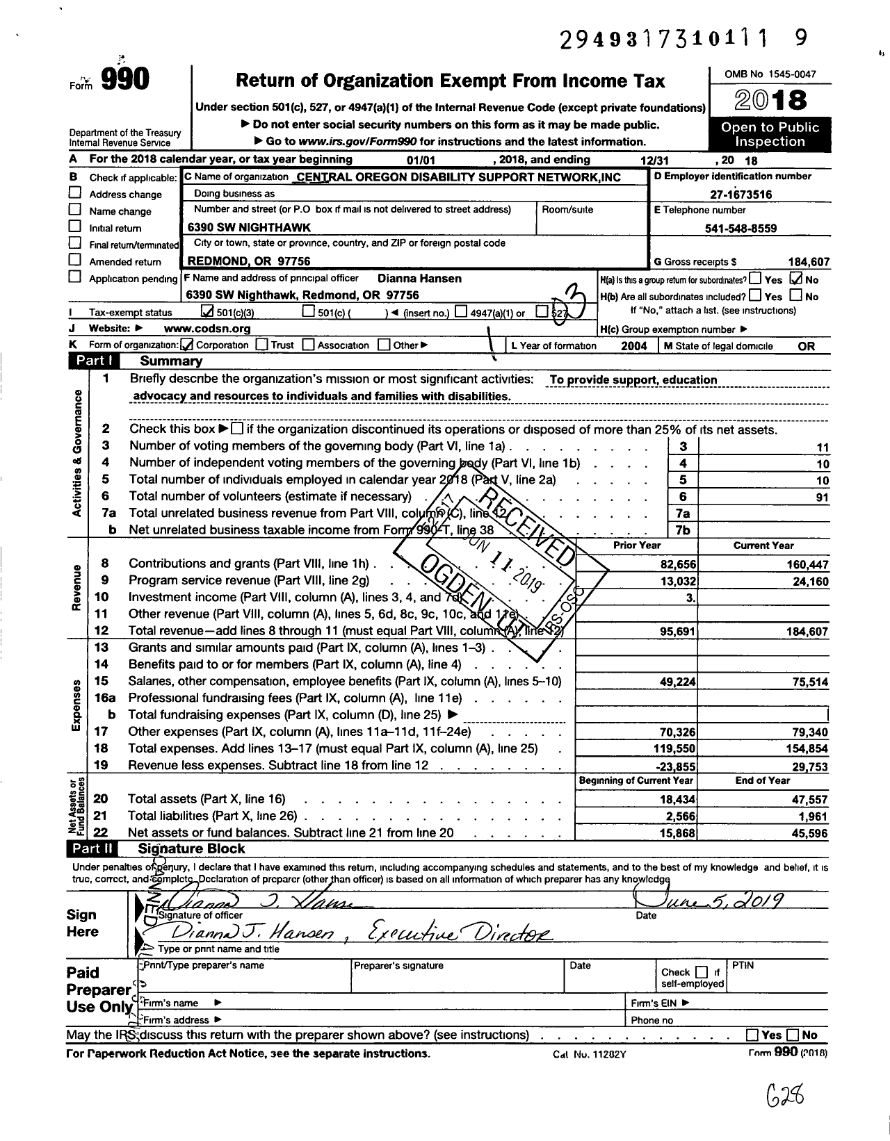 Image of first page of 2018 Form 990 for Central Oregon Disability Support Network