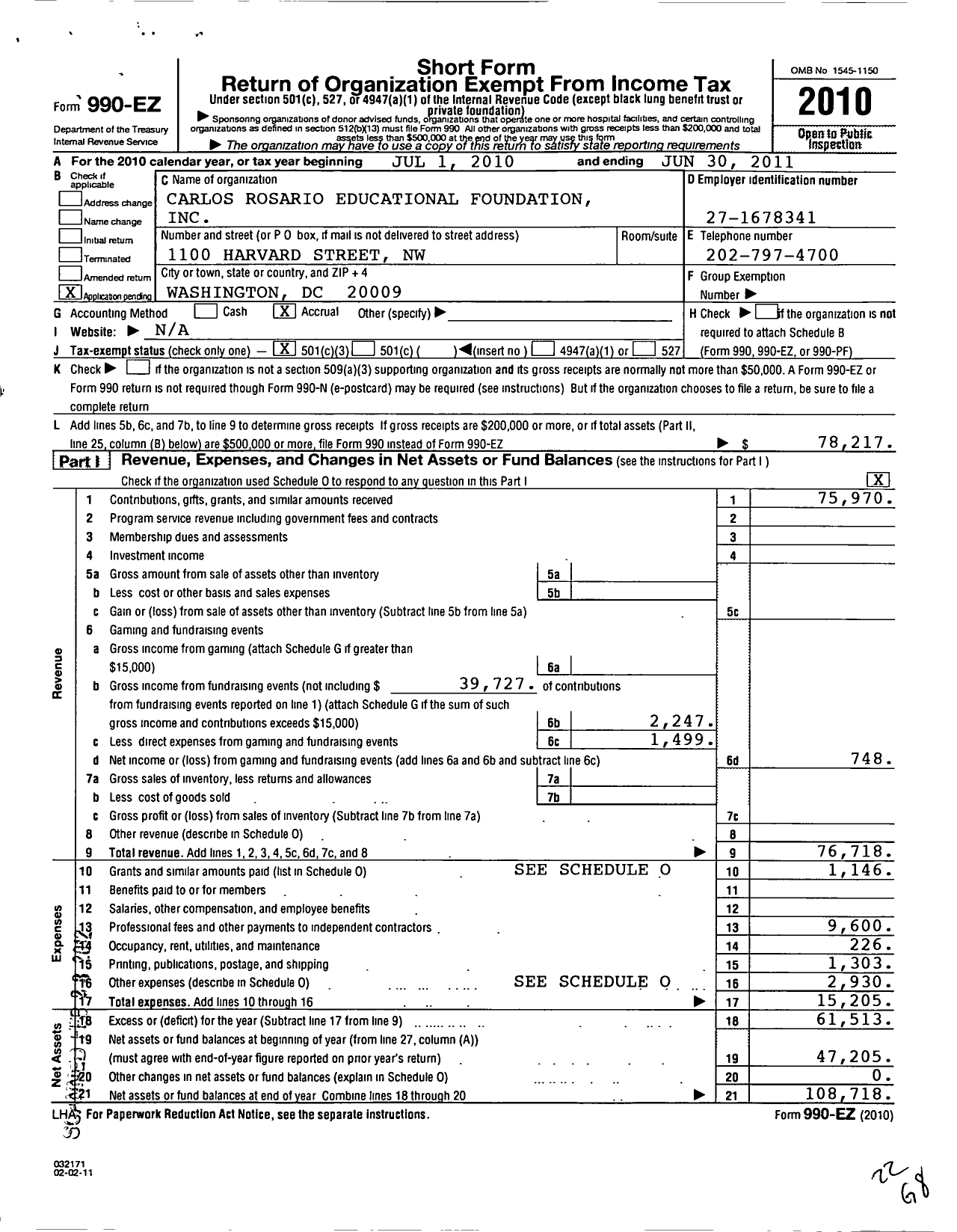 Image of first page of 2010 Form 990EZ for Carlos Rosario Educational Foundation