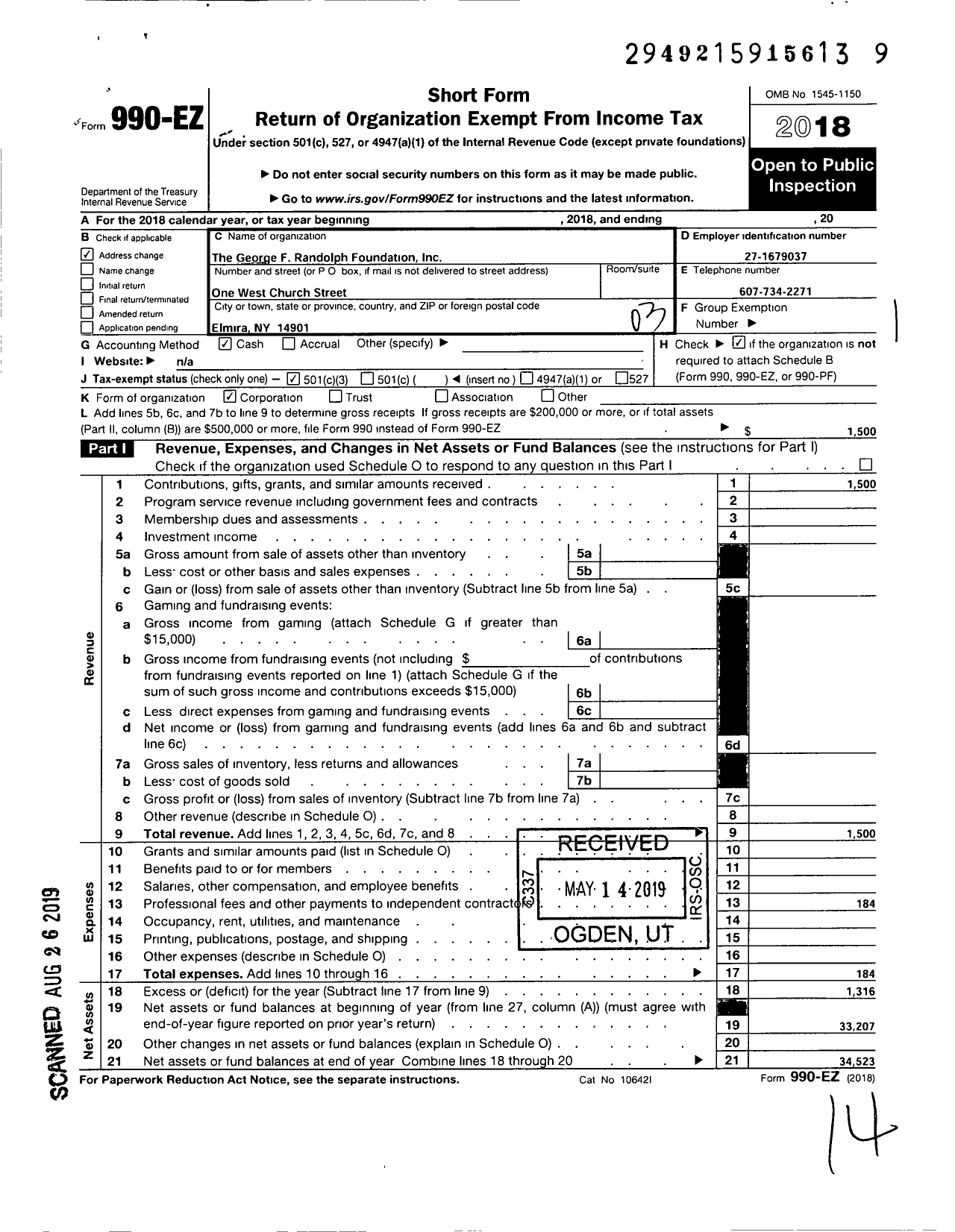 Image of first page of 2018 Form 990EZ for The George F Randolph Foundation