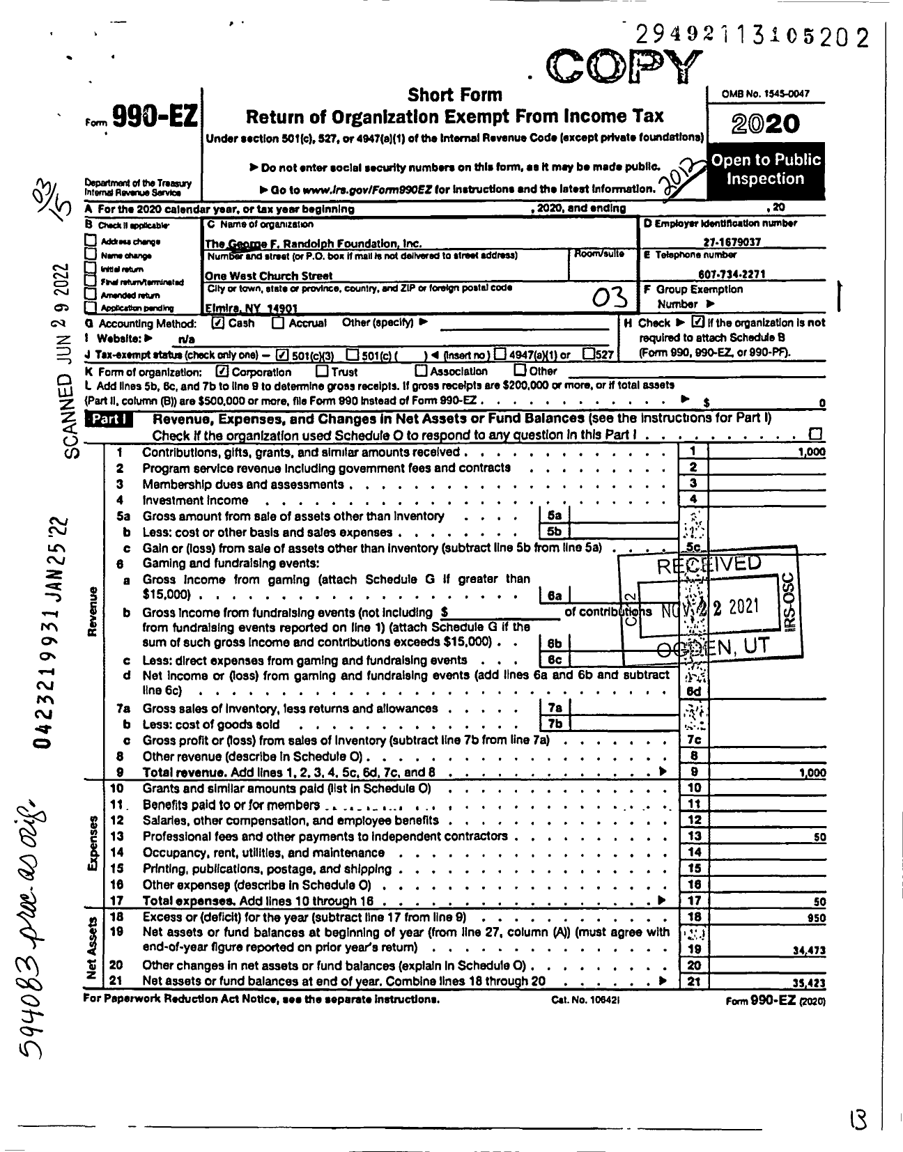 Image of first page of 2020 Form 990EZ for The George F Randolph Foundation