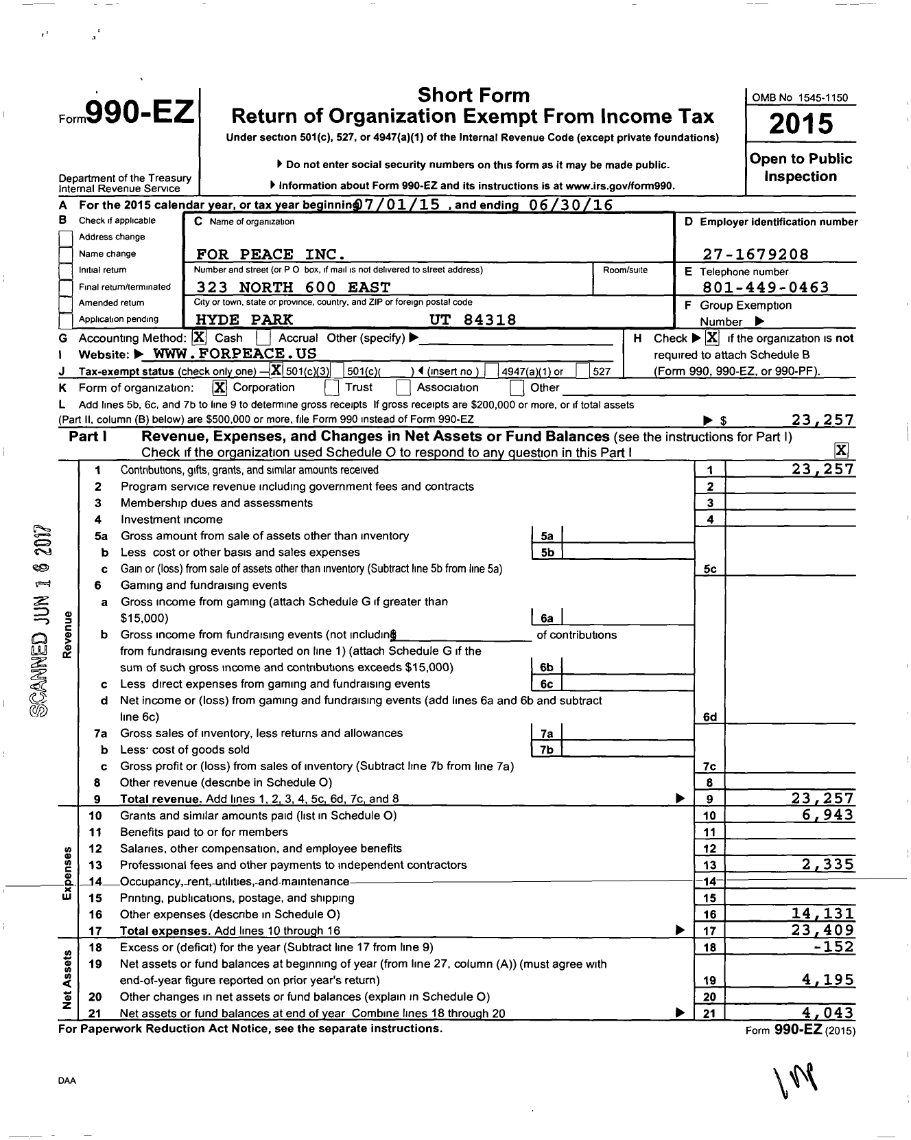 Image of first page of 2015 Form 990EZ for Forpeace