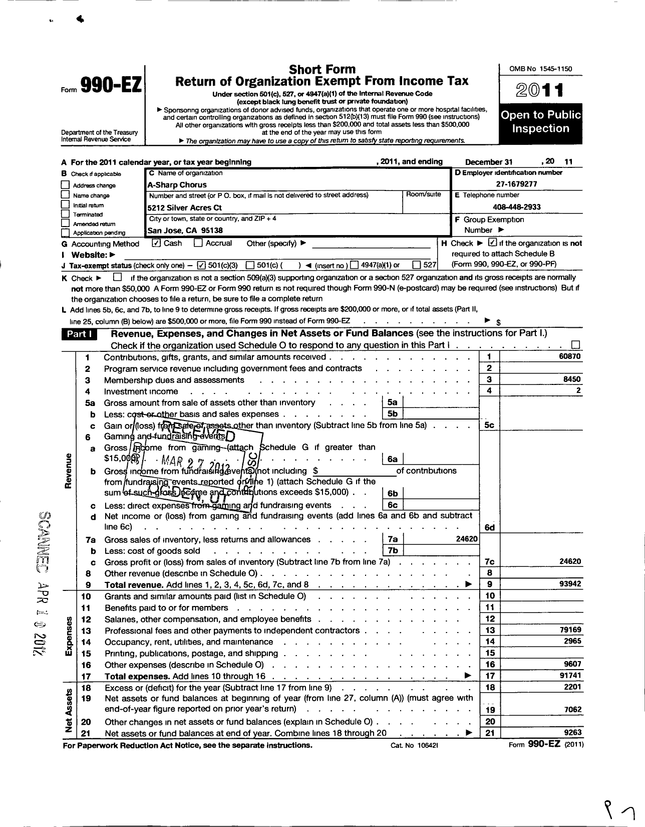 Image of first page of 2011 Form 990EZ for A-Sharp Chorus