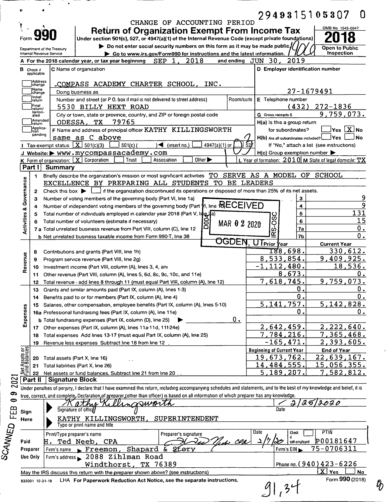 Image of first page of 2018 Form 990 for Compass Academy Charter School